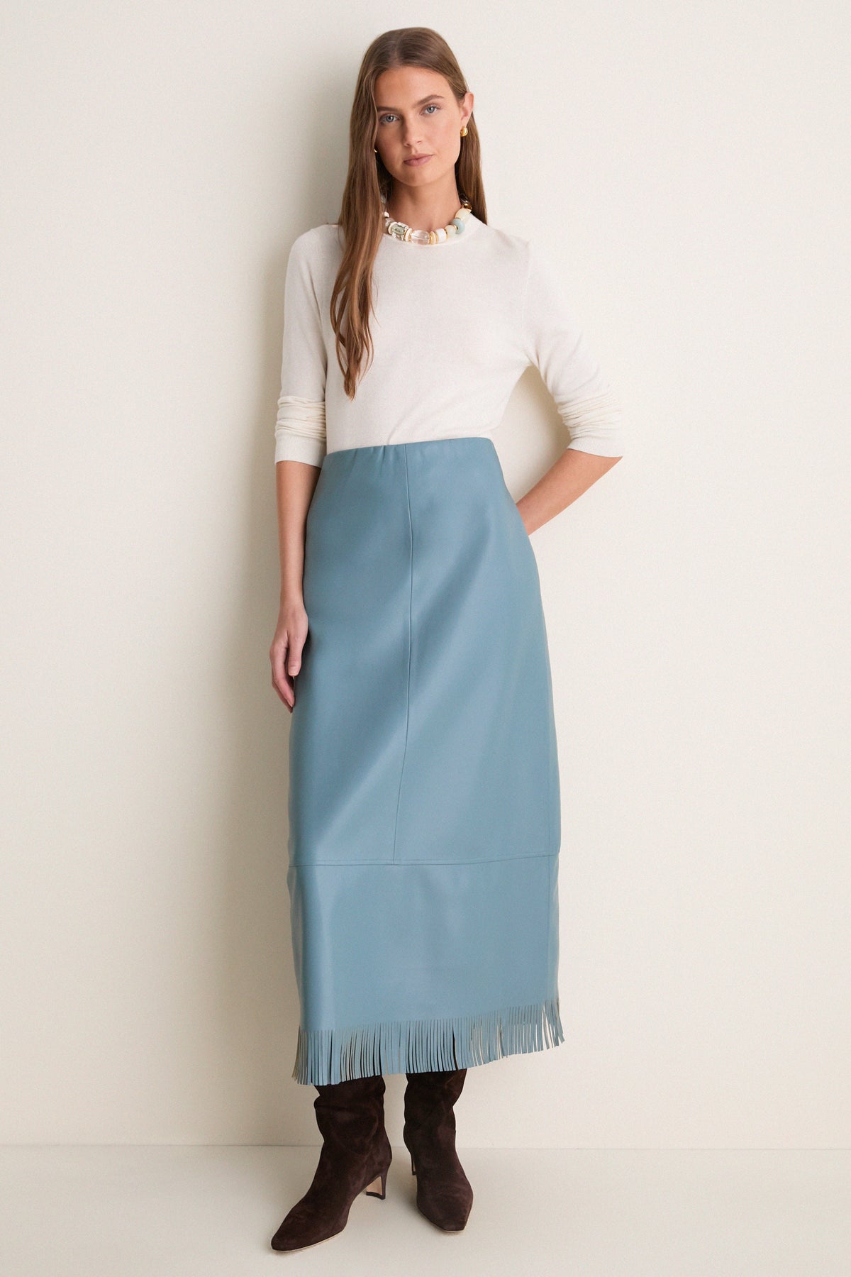 Light Blue Leather Wright Fringe Midi Skirt