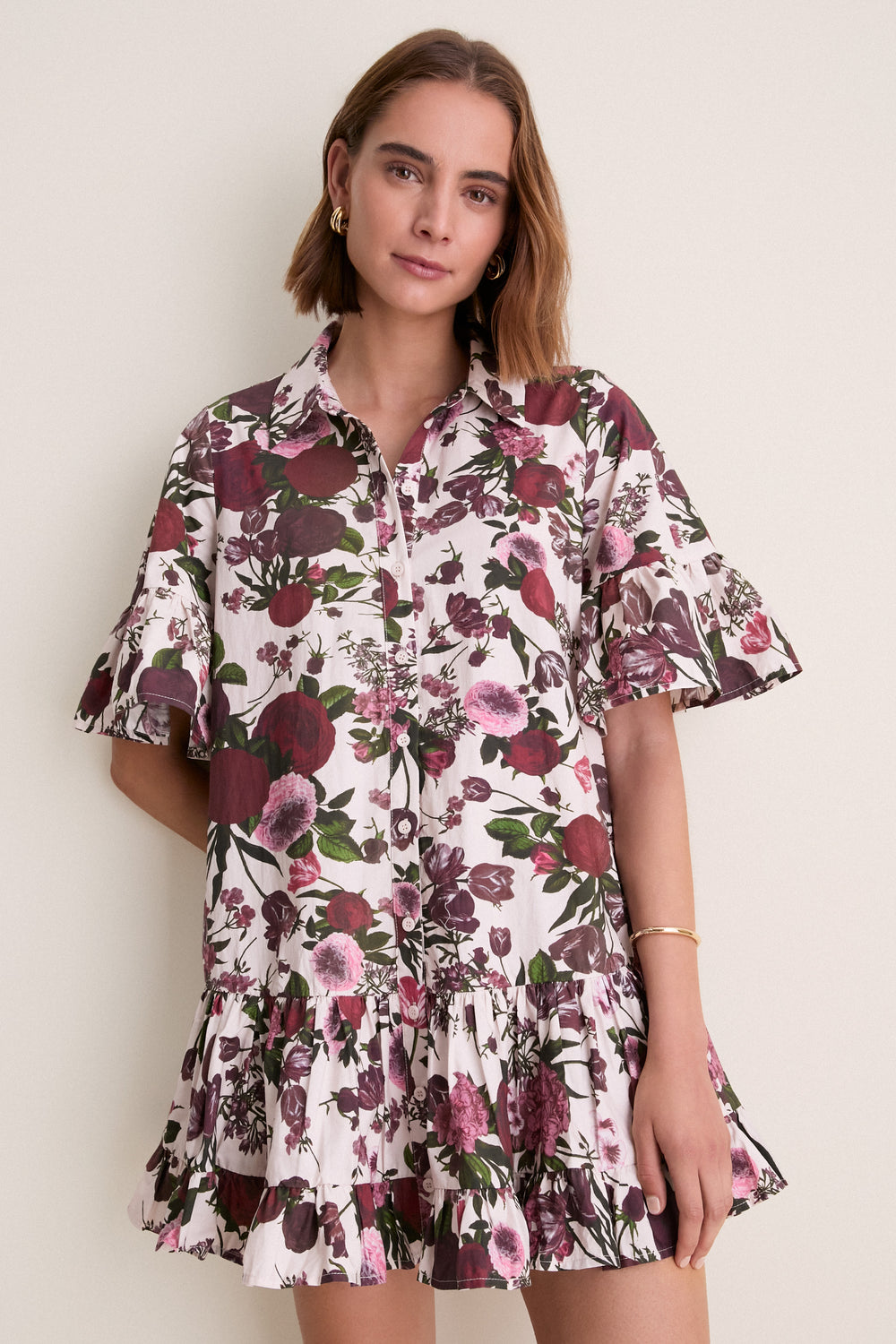 Ivory Burgundy Pink Miranda Mini Shirt Dress