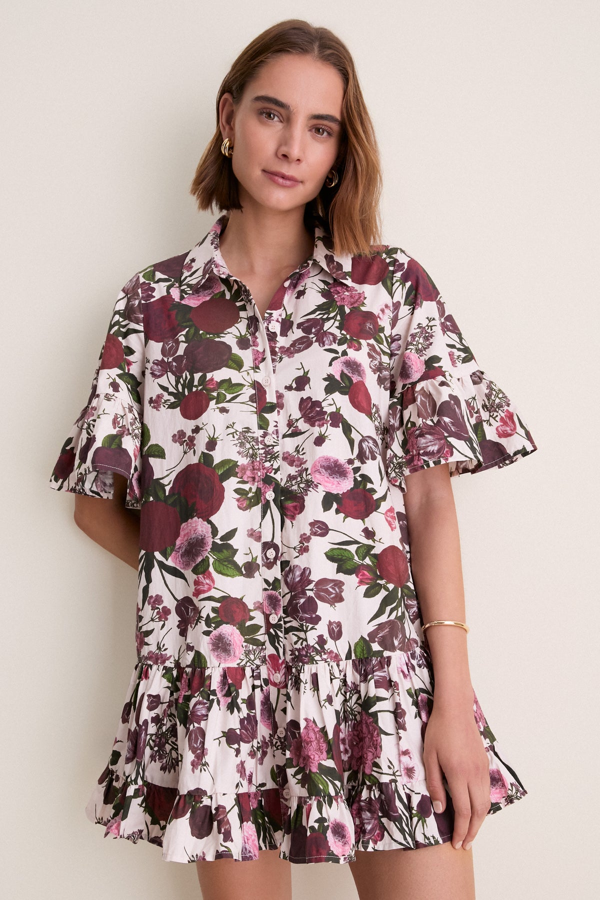 Ivory Burgundy Pink Miranda Mini Shirt Dress