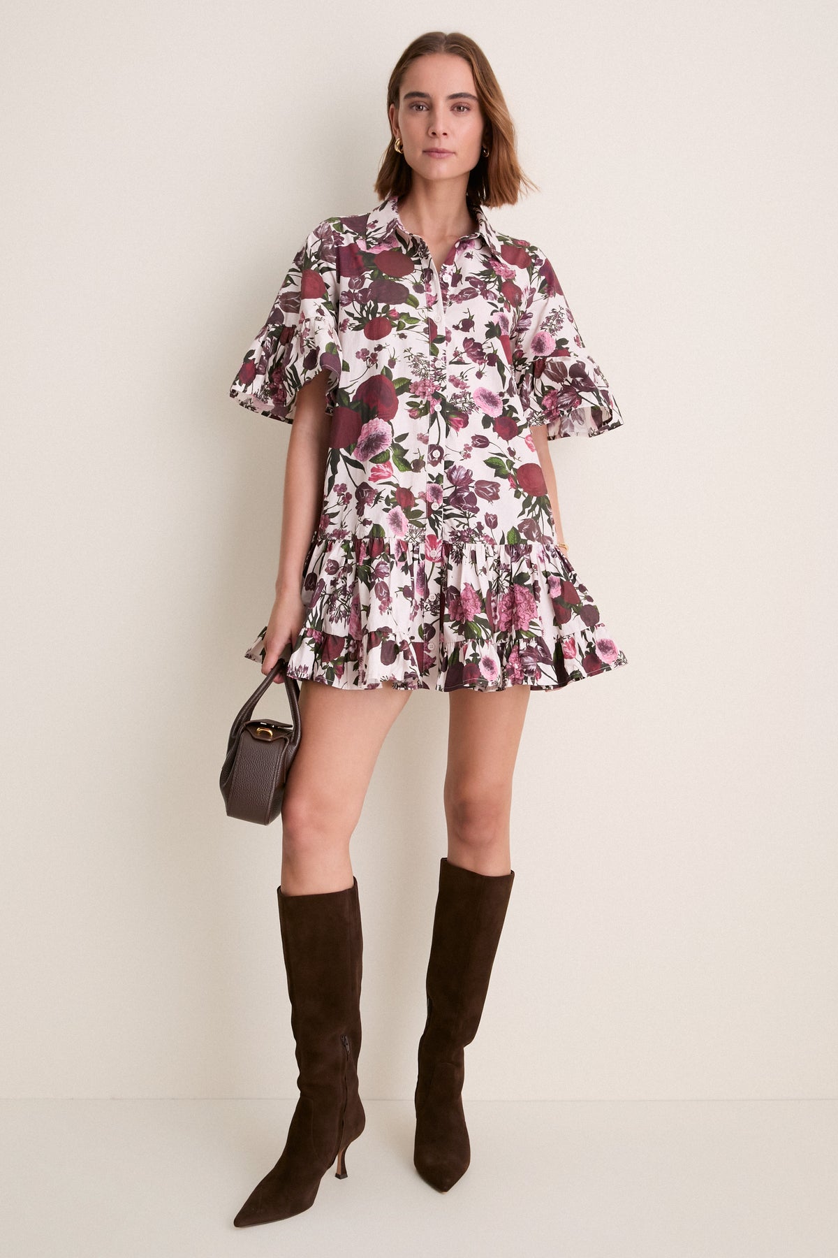 Ivory Burgundy Pink Miranda Mini Shirt Dress