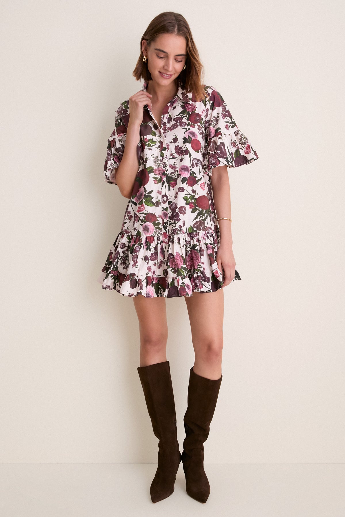 Ivory Burgundy Pink Miranda Mini Shirt Dress