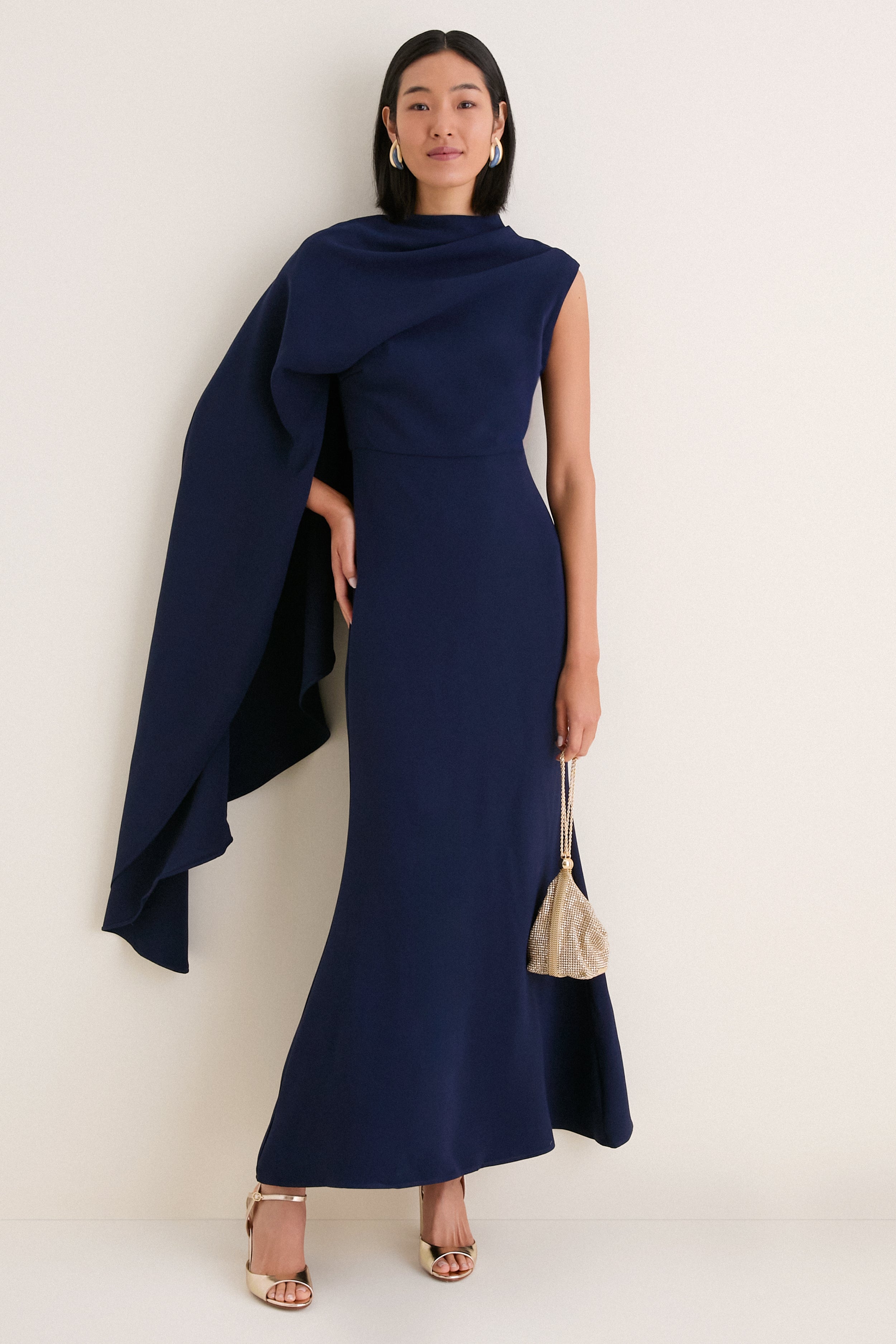 ANDRESD one tone cape dress ネイビー Deep Navy Leonara Asymmetric Cape Dress | ELLIATT