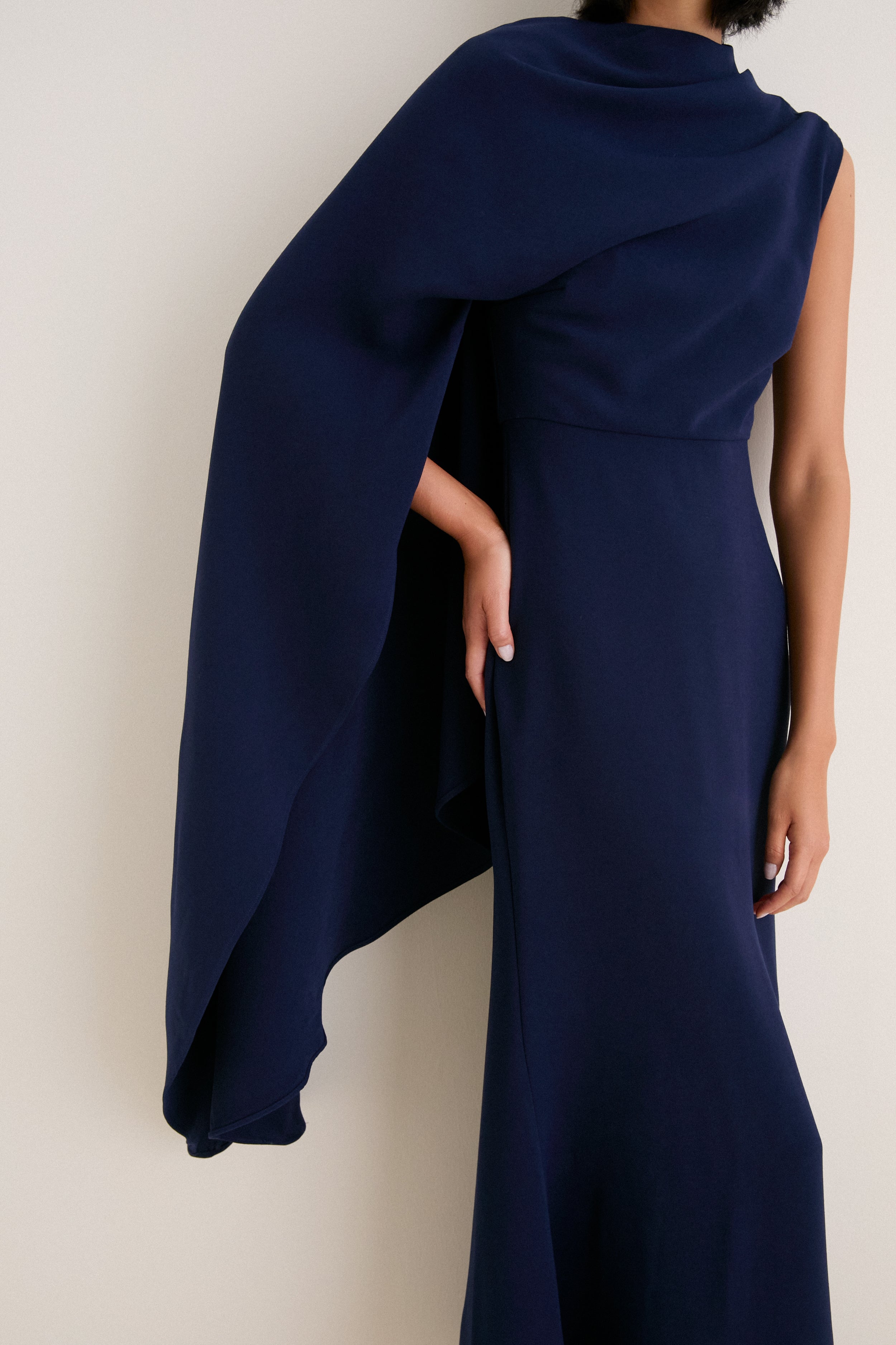 Deep Navy Leonara Asymmetric Cape Dress | ELLIATT