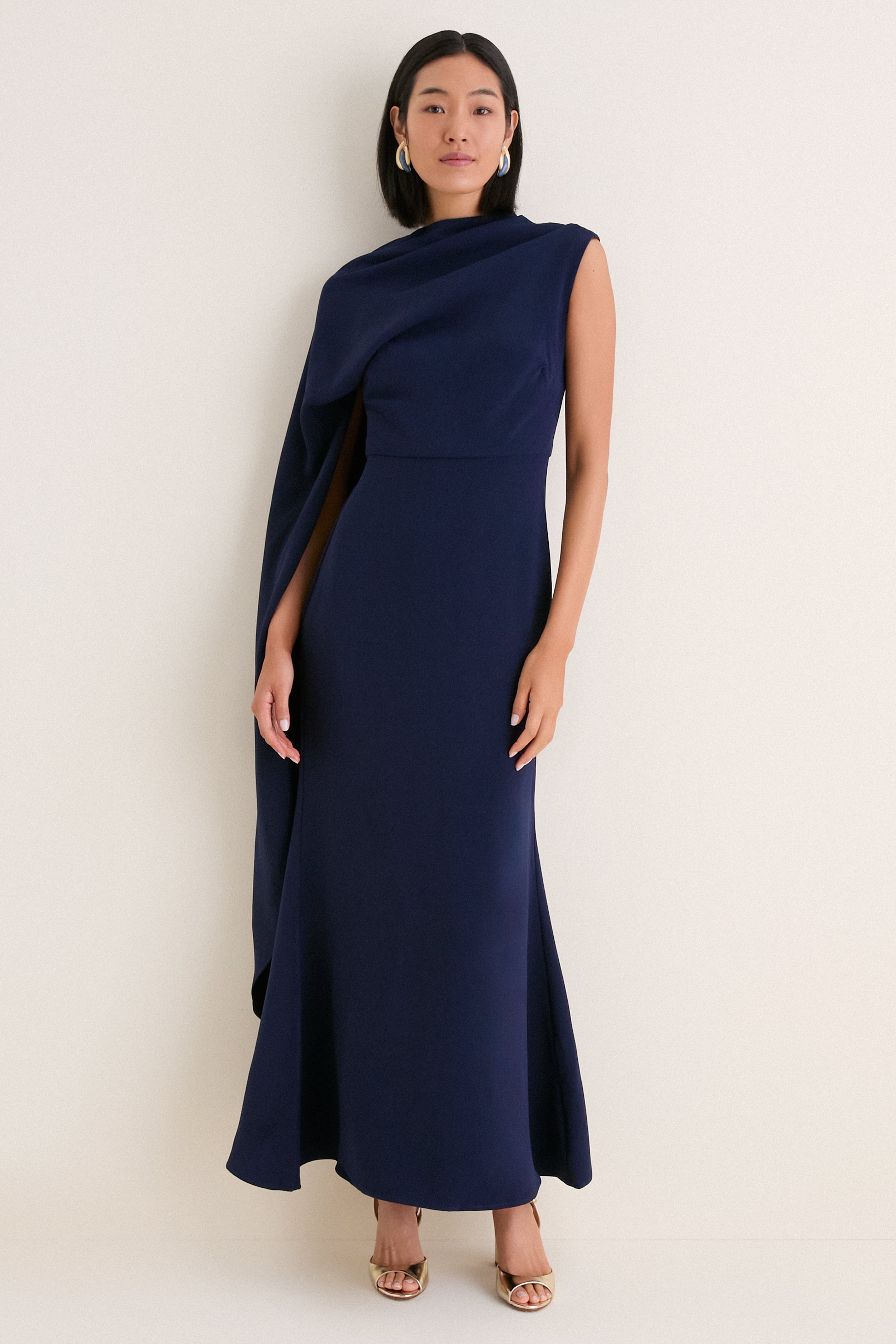 Deep Navy Leonara Asymmetric Cape Dress | ELLIATT