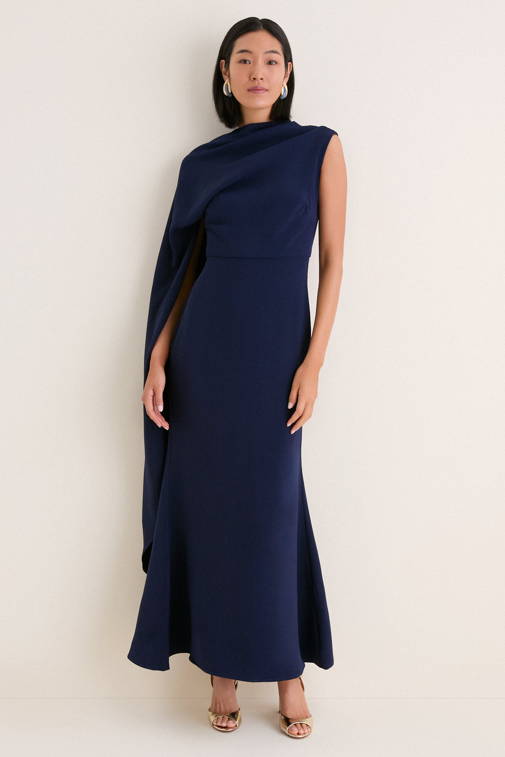 Deep Navy Leonara Asymmetric Cape Dress
