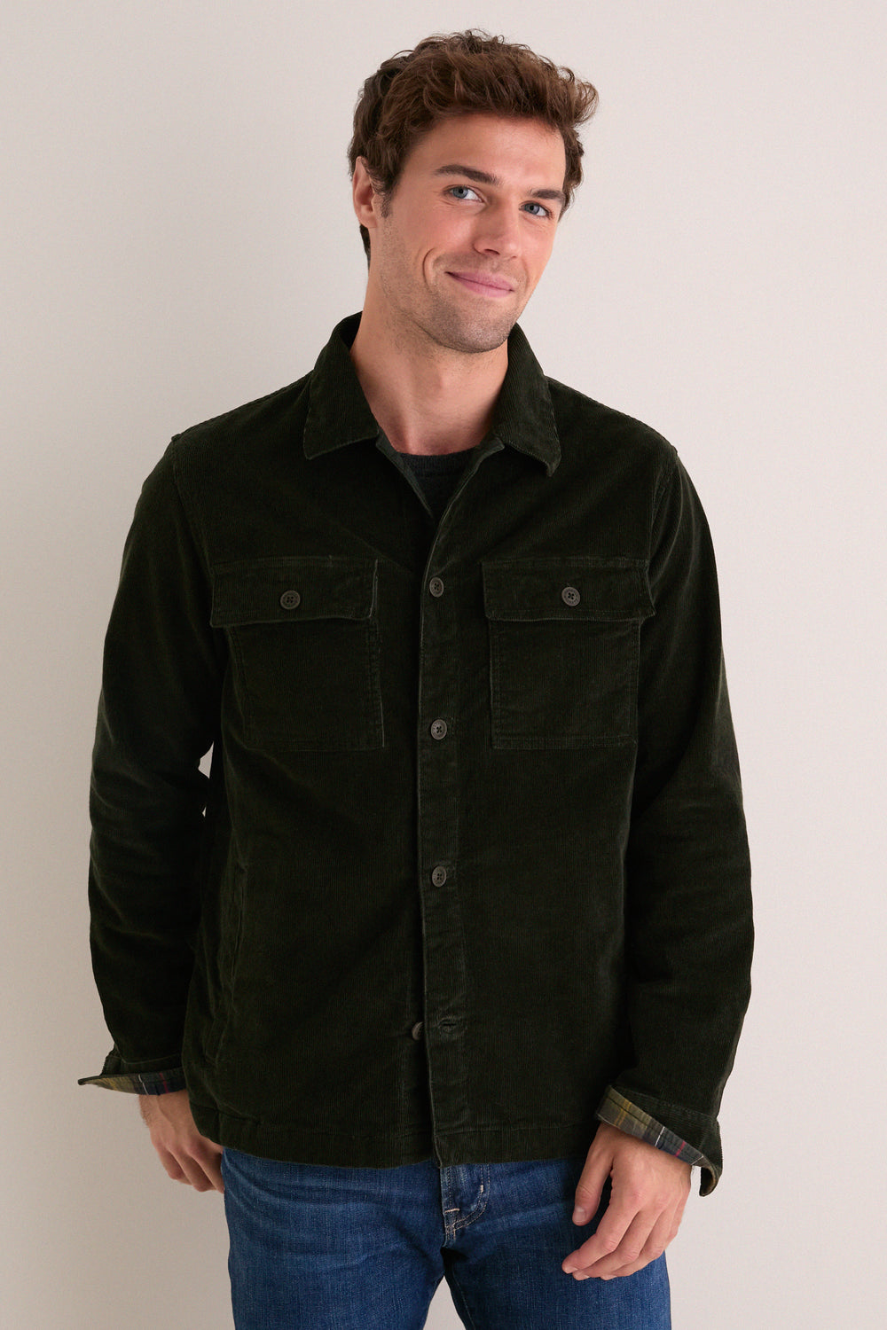 Olive Tartan Trimmed Cord Overshirt
