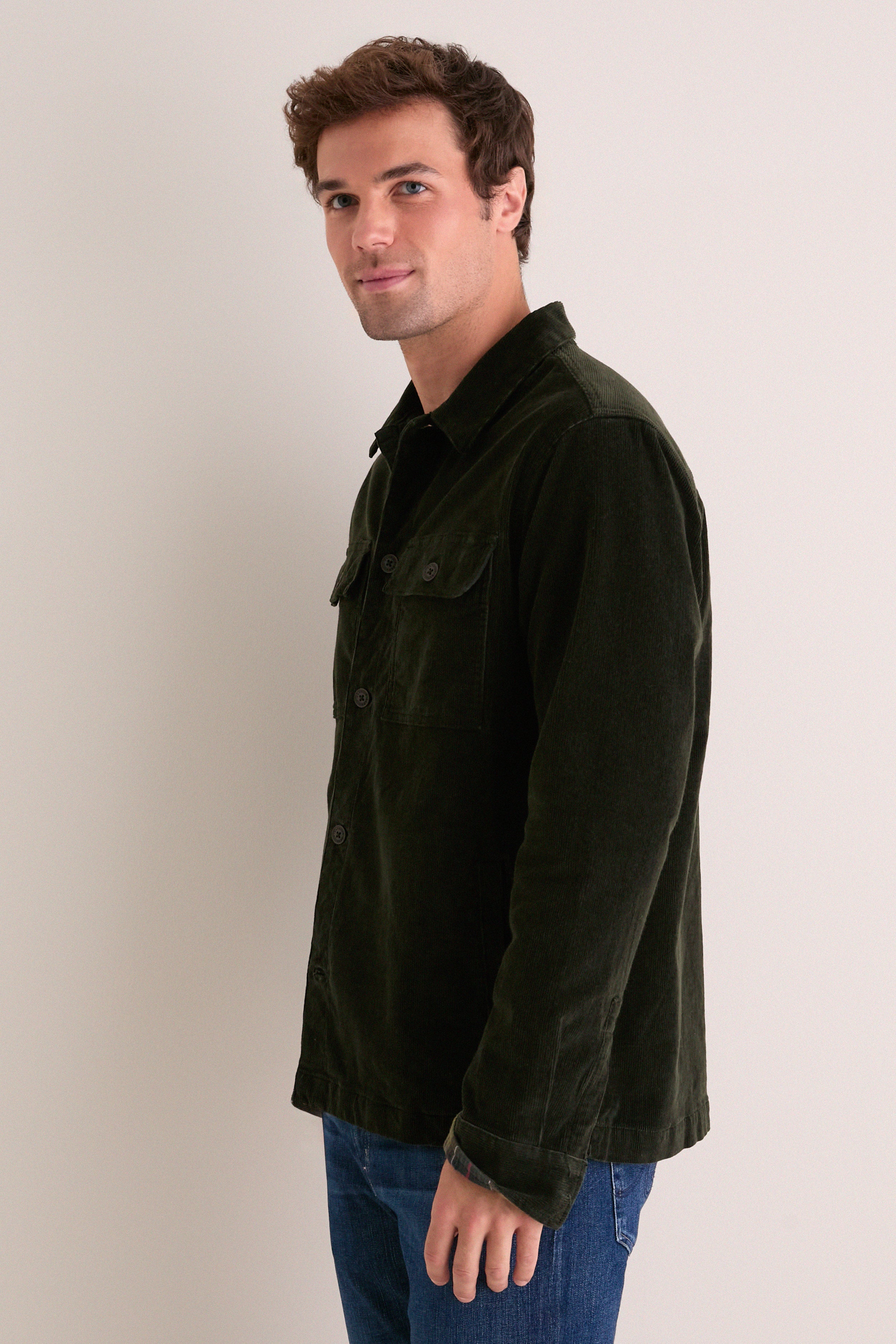 Olive Tartan Trimmed Cord Overshirt
