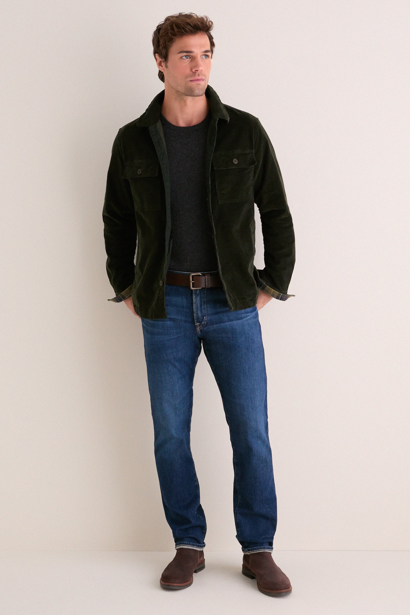 Olive Tartan Trimmed Cord Overshirt