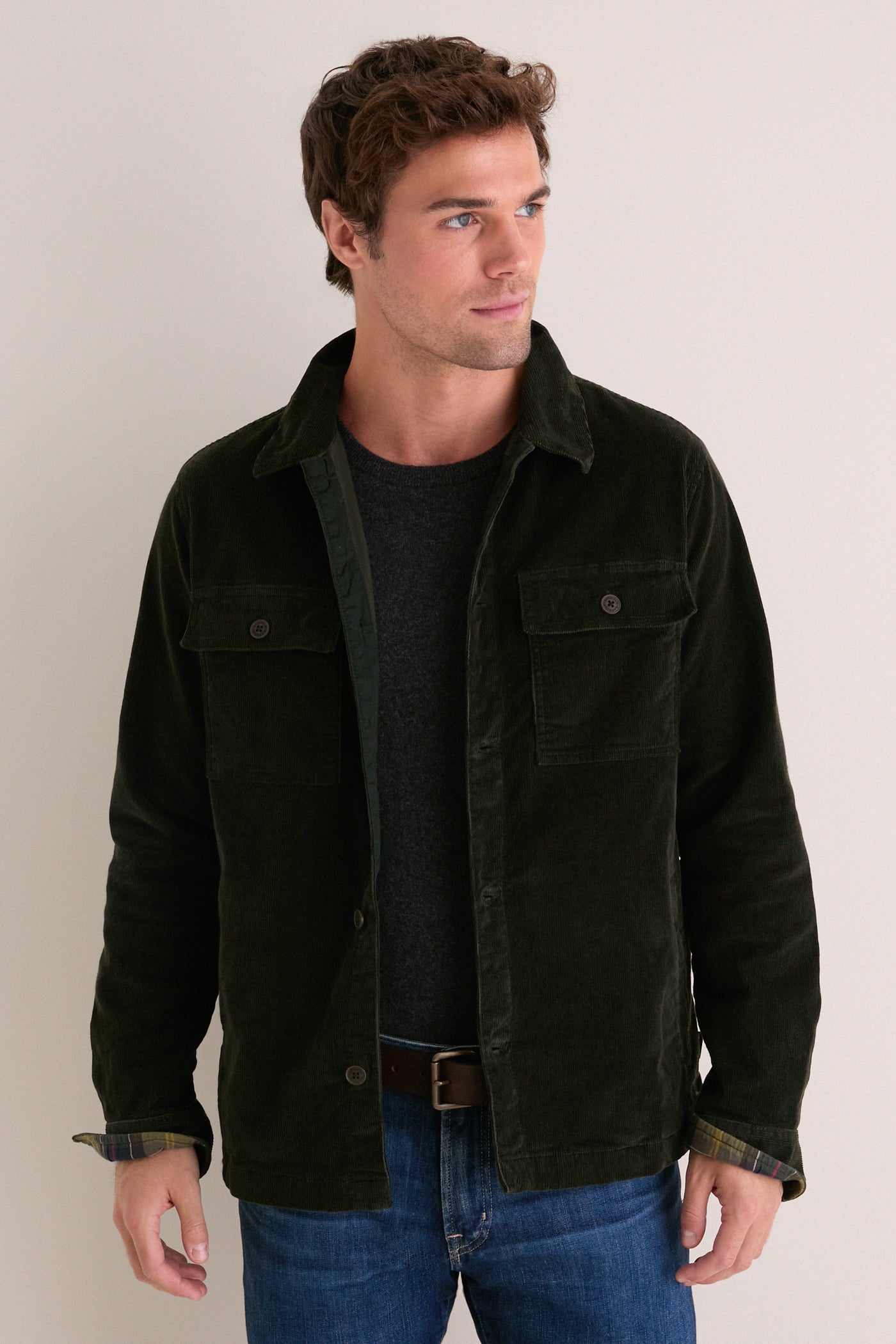 Olive Tartan Trimmed Cord Overshirt