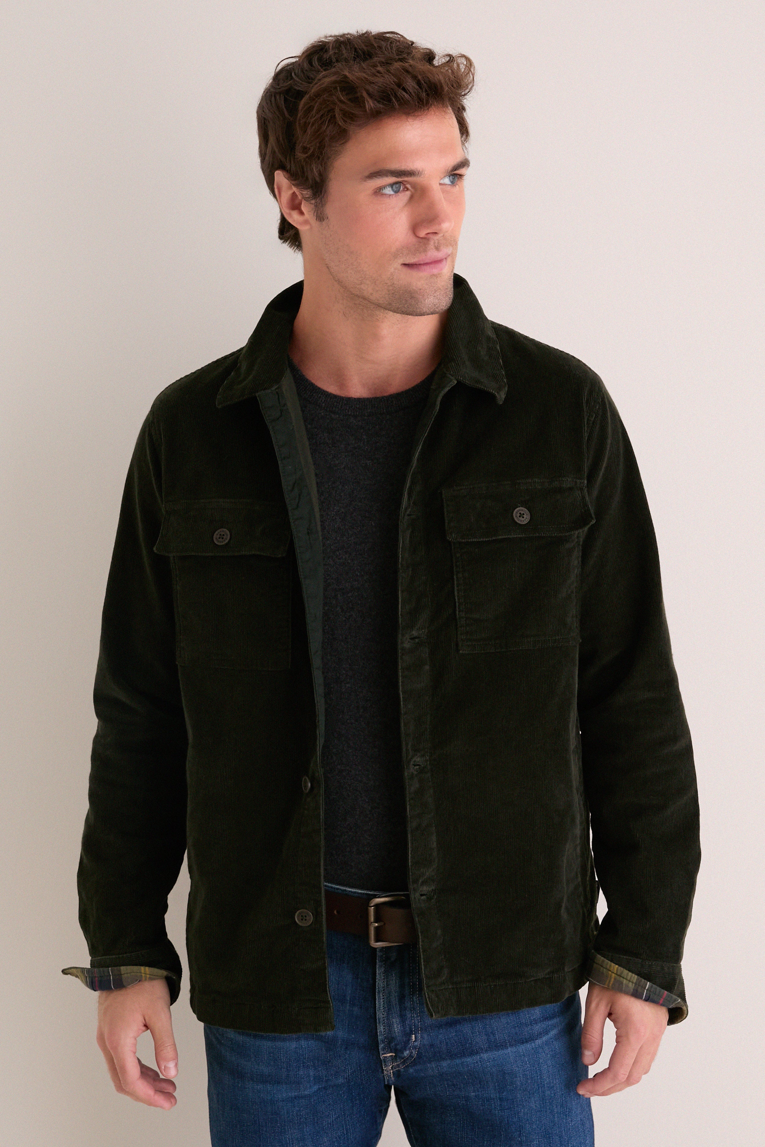 Olive Tartan Trimmed Cord Overshirt