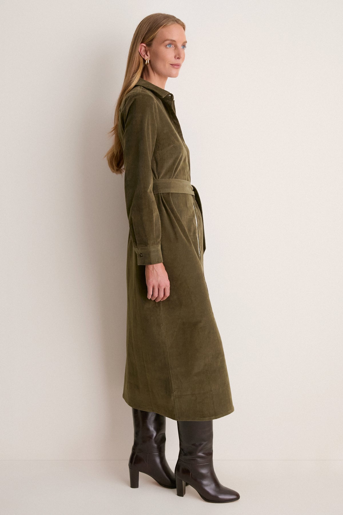 Olive Thin Wale Corduroy Tara Shirt Dress