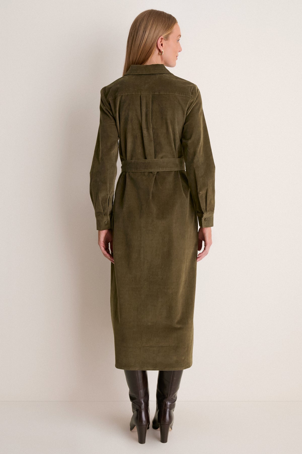 Olive Thin Wale Corduroy Tara Shirt Dress