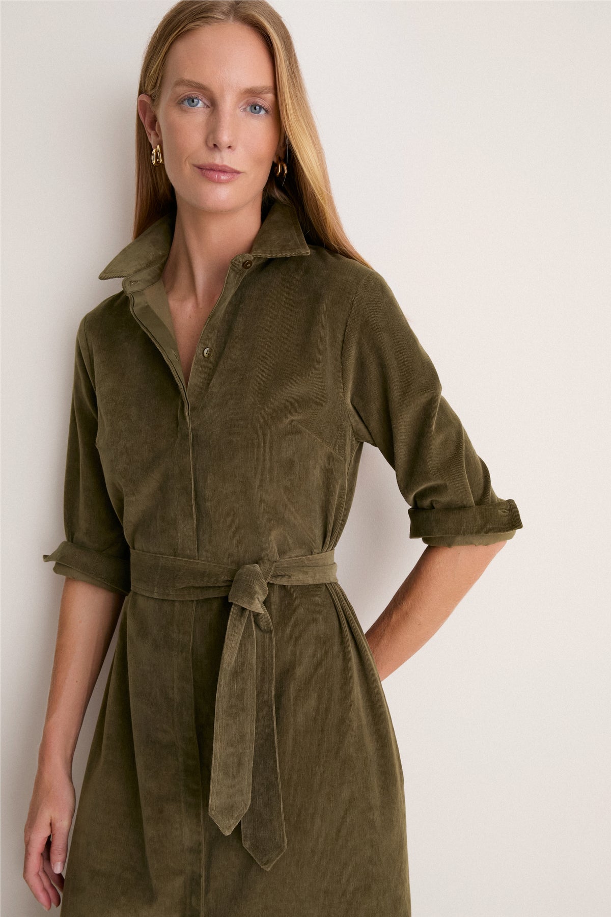 Olive Thin Wale Corduroy Tara Shirt Dress