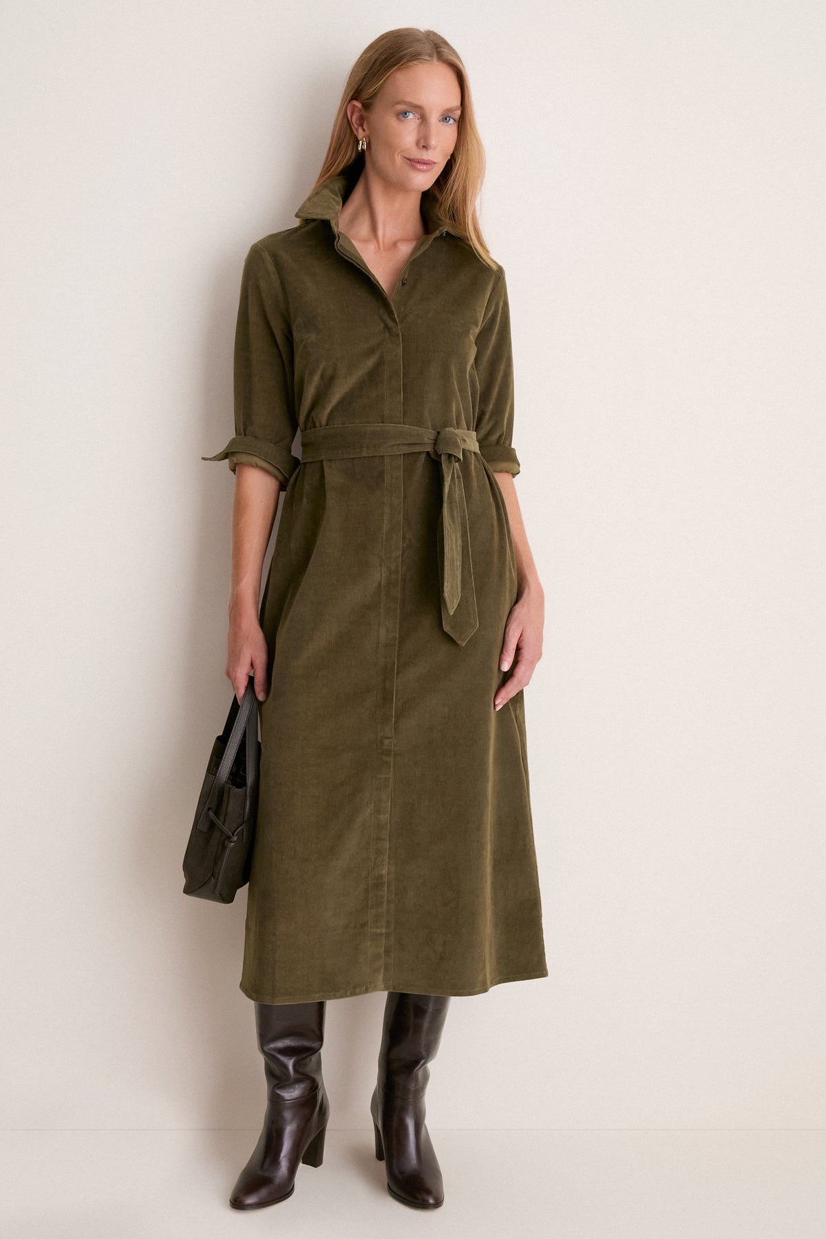 Olive Thin Wale Corduroy Tara Shirt Dress