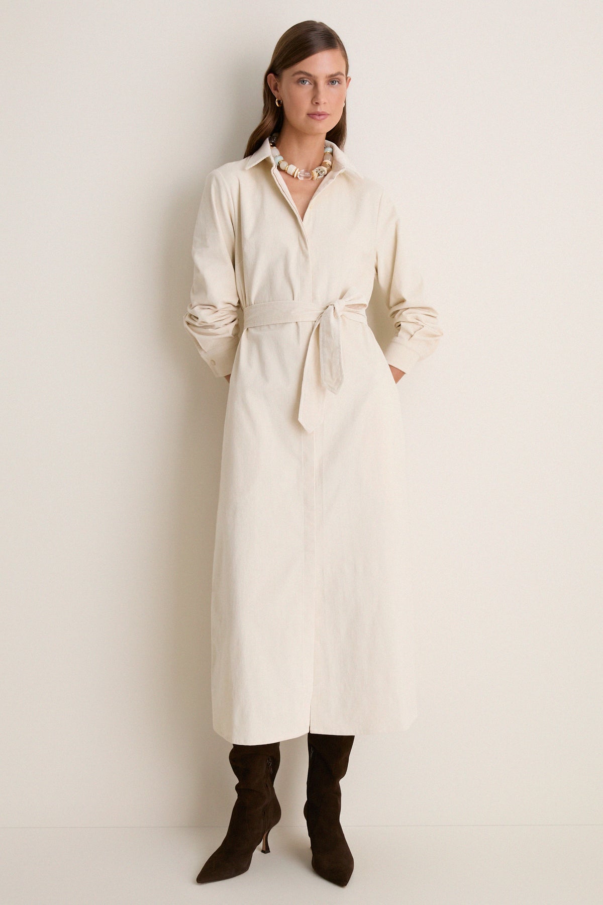 Cream Thin Wale Corduroy Tara Shirt Dress