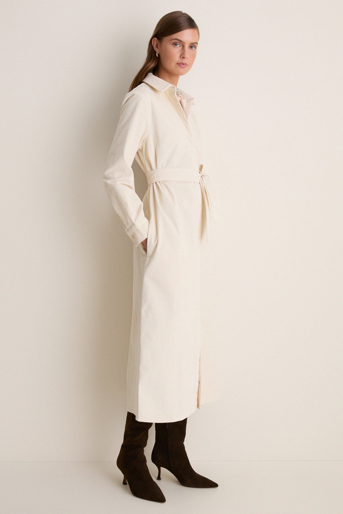 Cream Thin Wale Corduroy Tara Shirt Dress