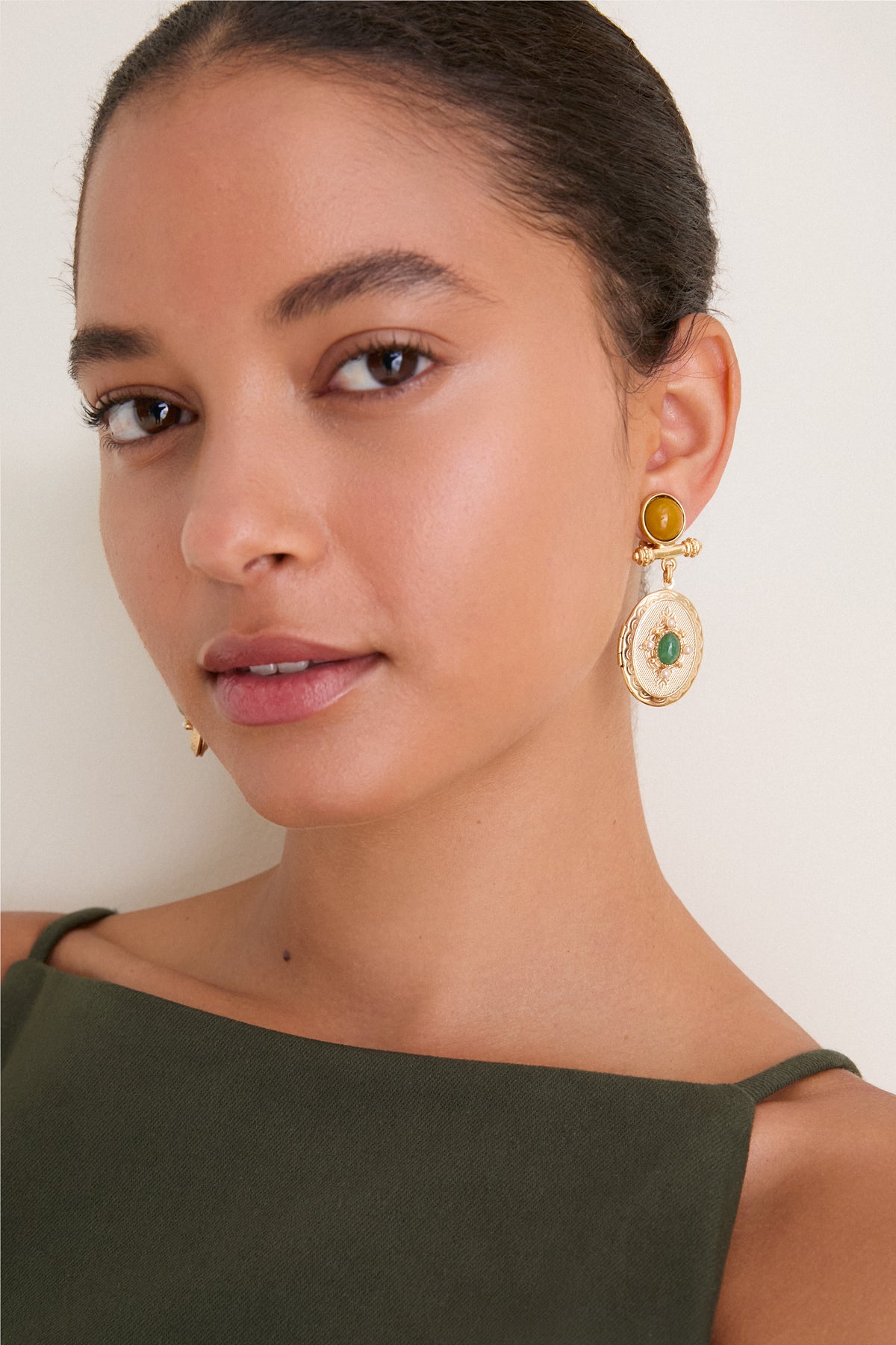 Gold Gemstone Oval Locket Earrings