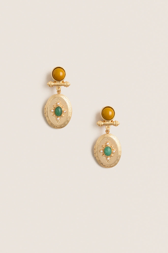 Gold Gemstone Oval Locket Earrings