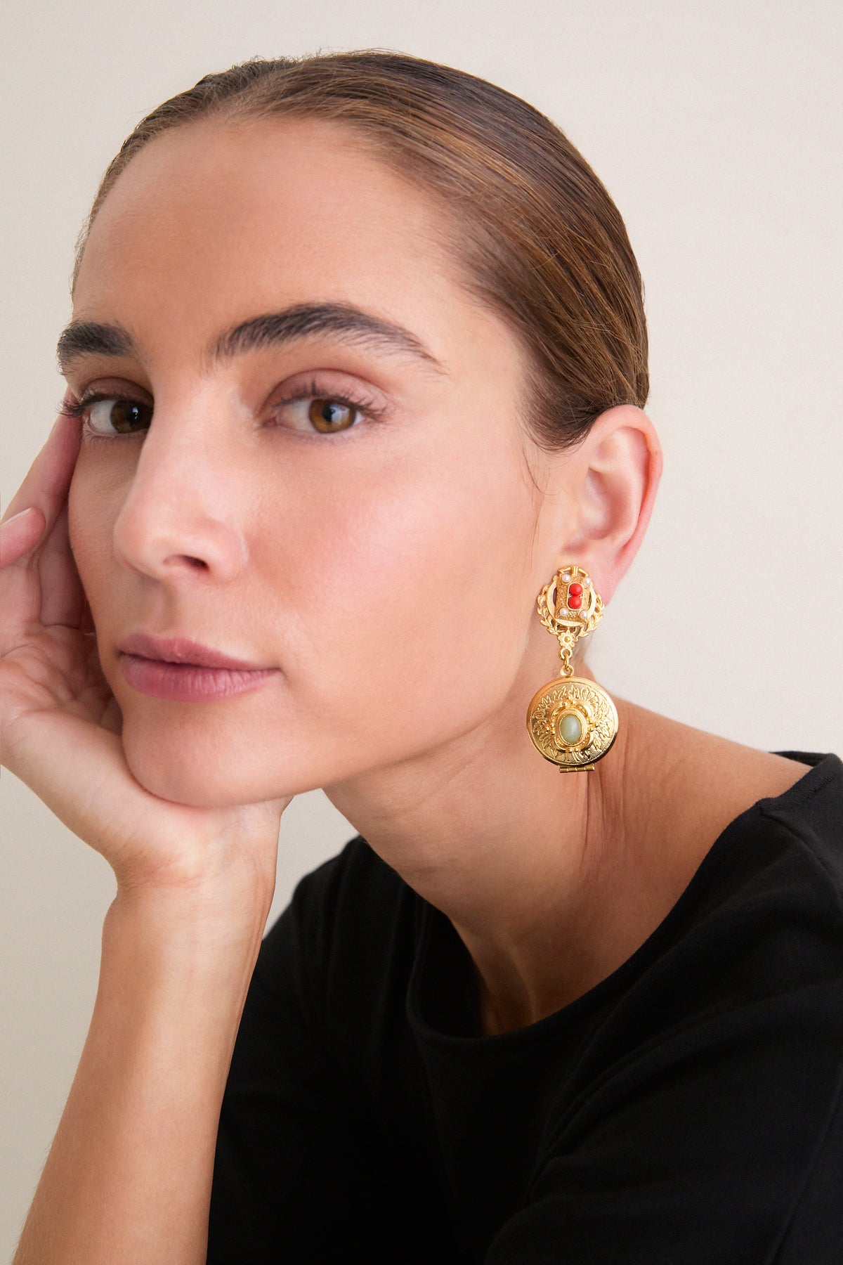 Gold Gemstone Circle Locket Earrings