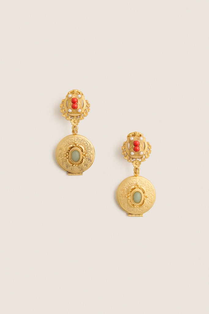 Gold Gemstone Circle Locket Earrings