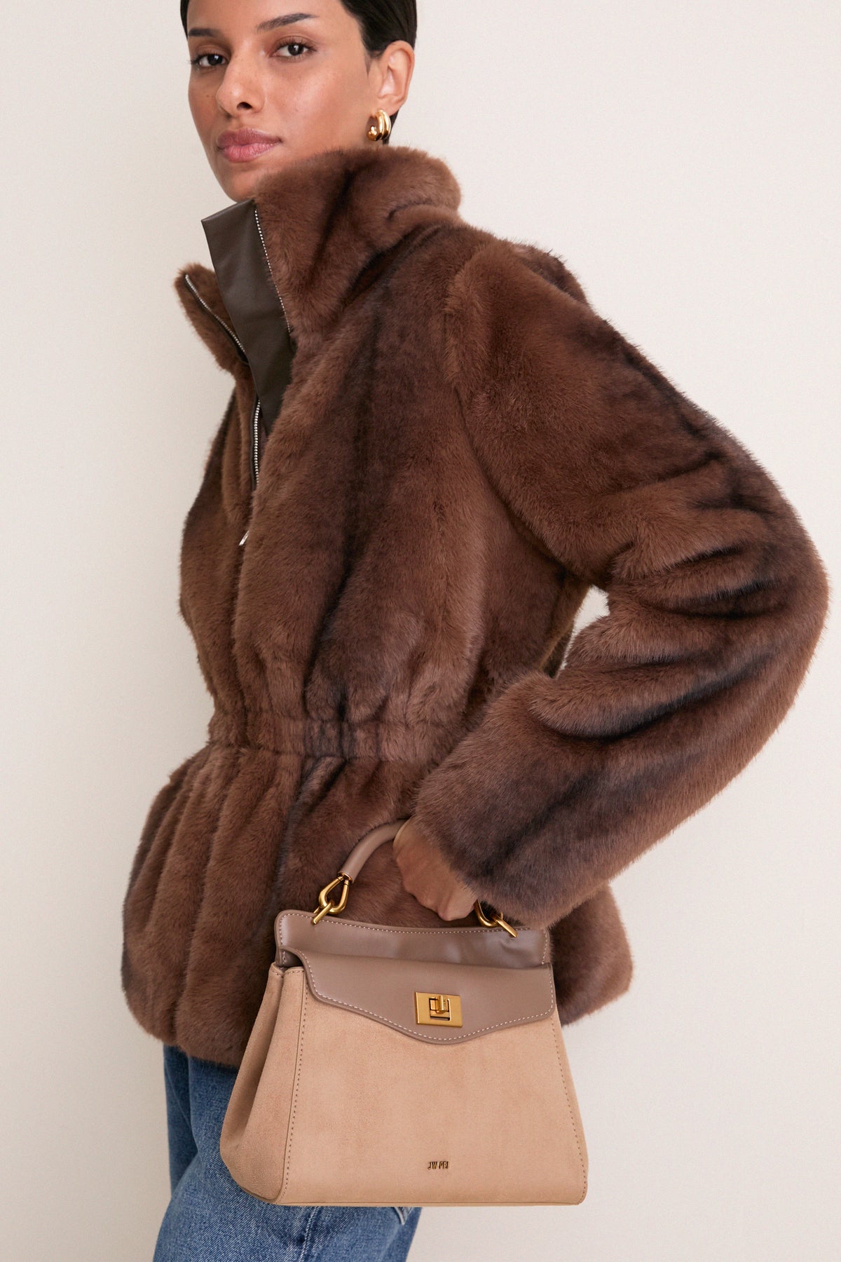 Taupe Lucia Classic Faux Suede Top Handle Bag