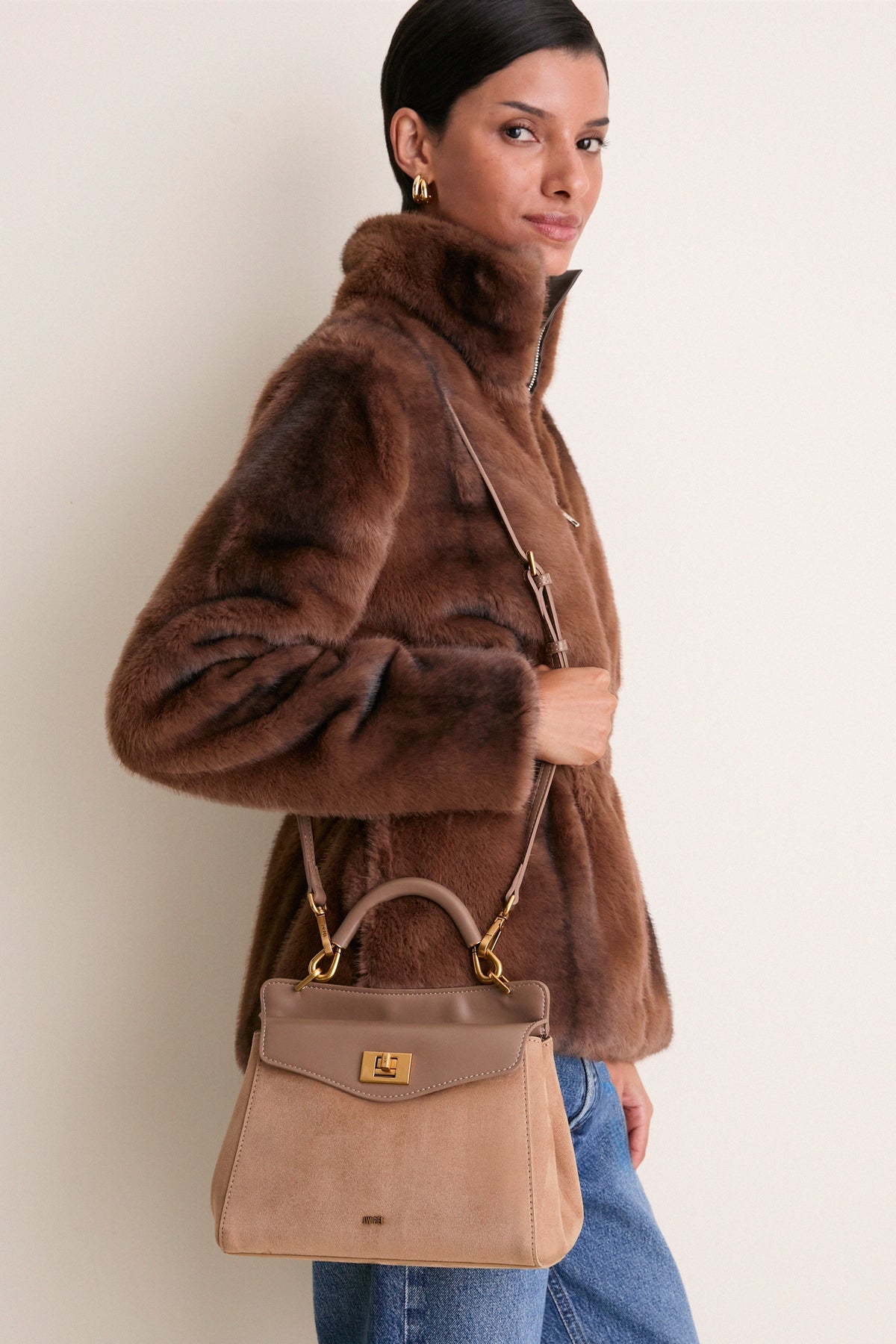 Taupe Lucia Classic Faux Suede Top Handle Bag