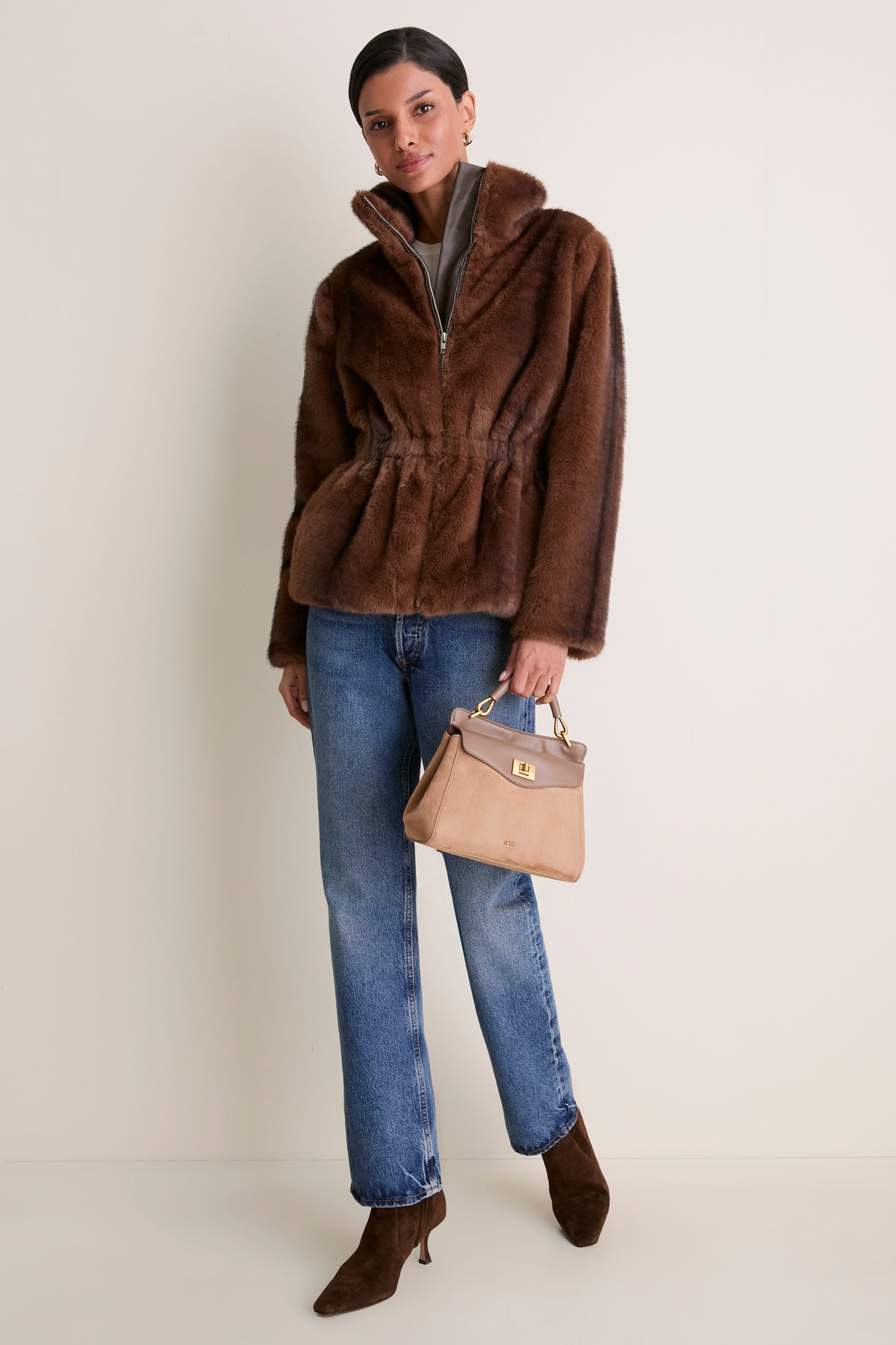 Taupe Lucia Classic Faux Suede Top Handle Bag