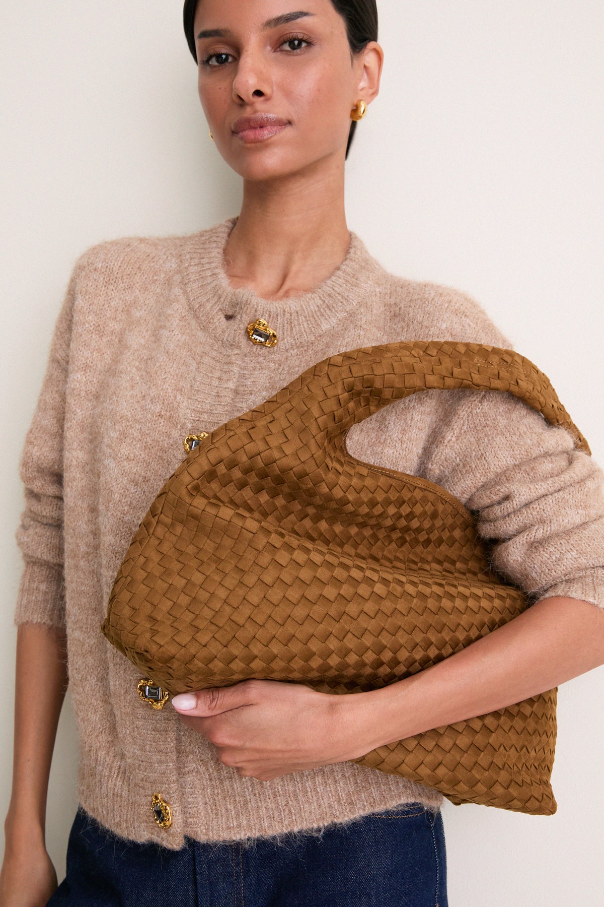 Olive Green Laura Faux Suede Woven Shoulder Bag