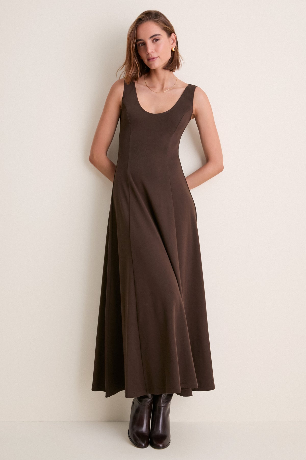 Deep Brown Rib Scoop Layering Maxi Dress