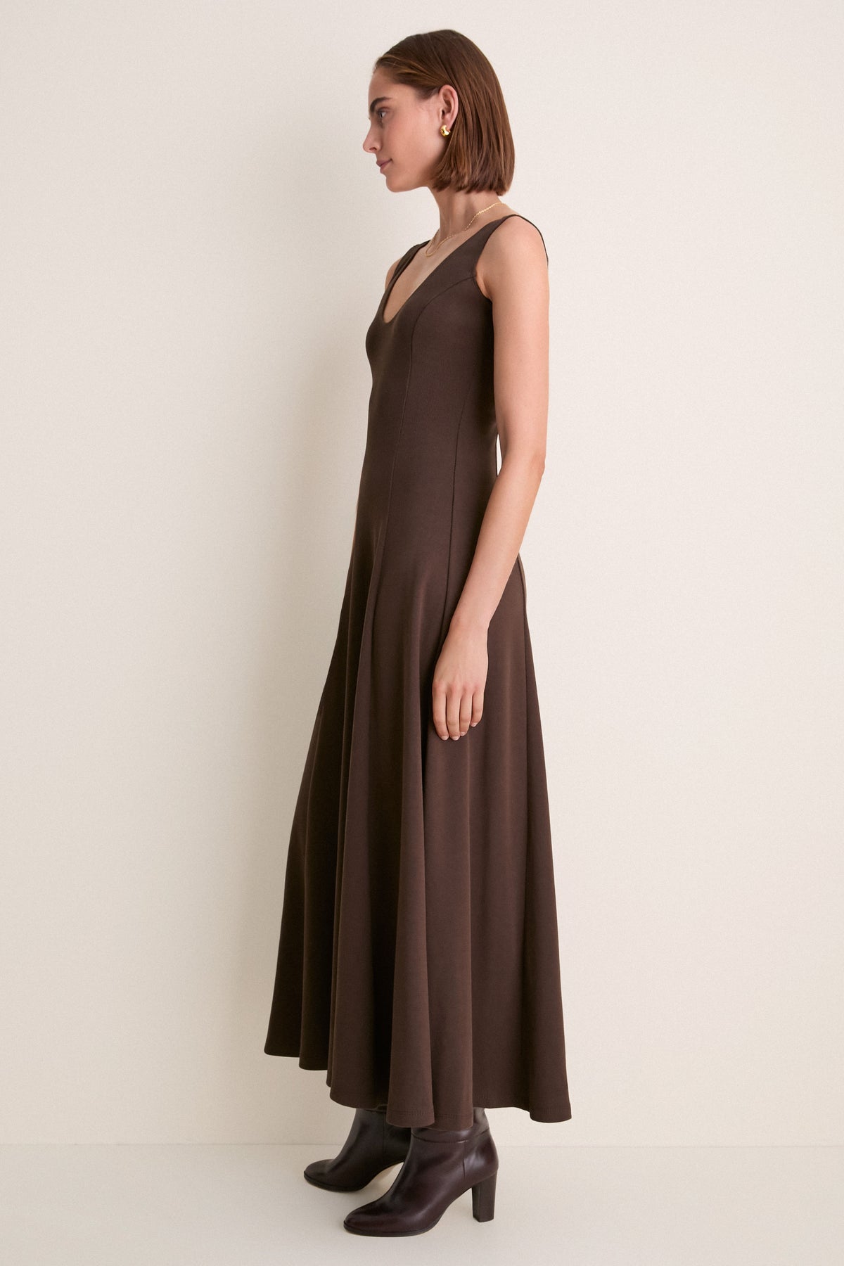 Deep Brown Rib Scoop Layering Maxi Dress