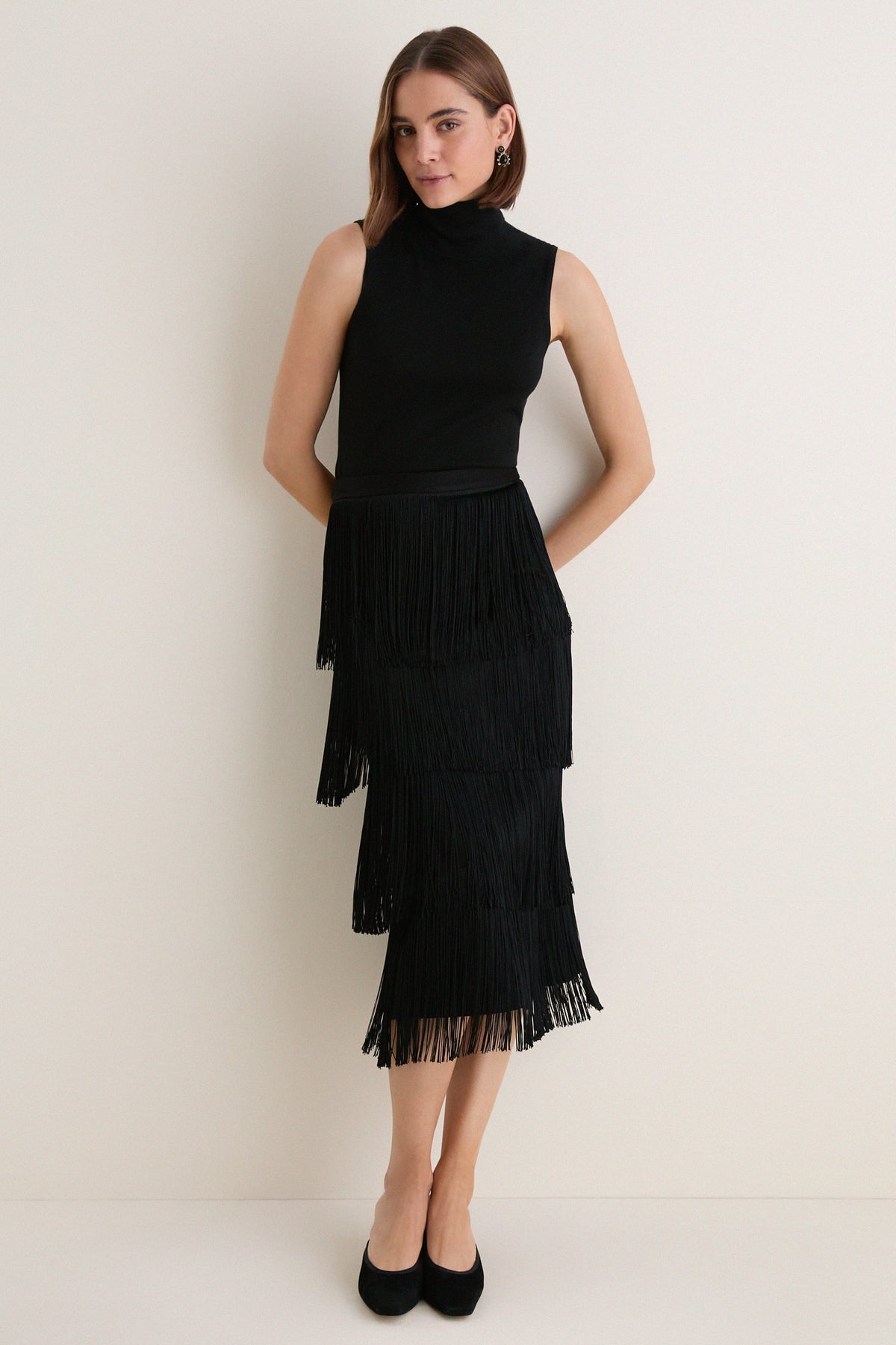 Black Fringe Midi Skirt