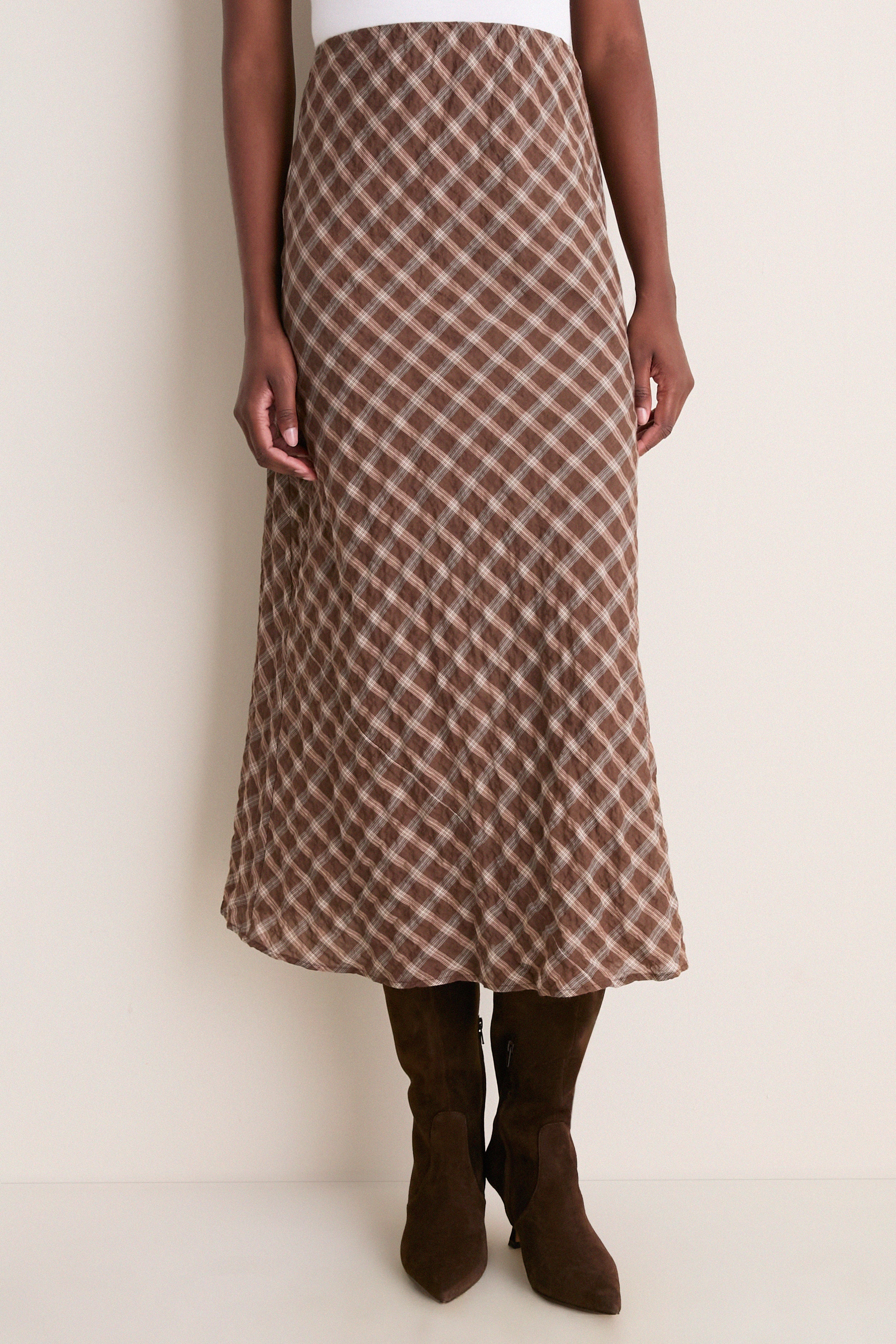 Cocoa Plaid Bias Midi Skirt