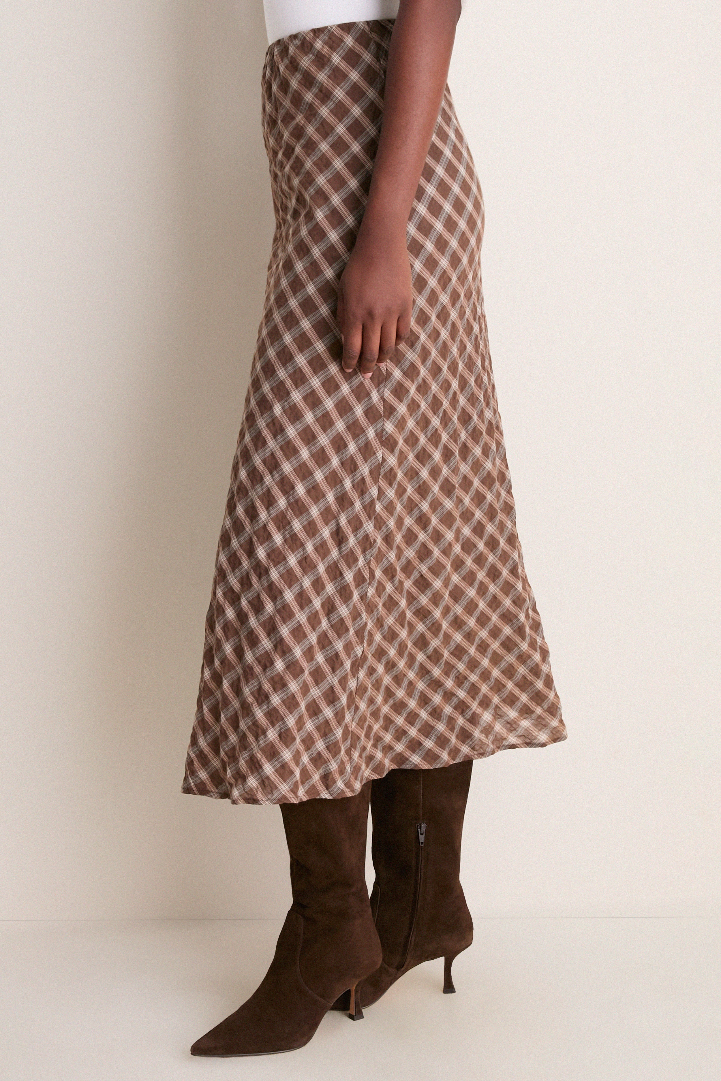Cocoa Plaid Bias Midi Skirt