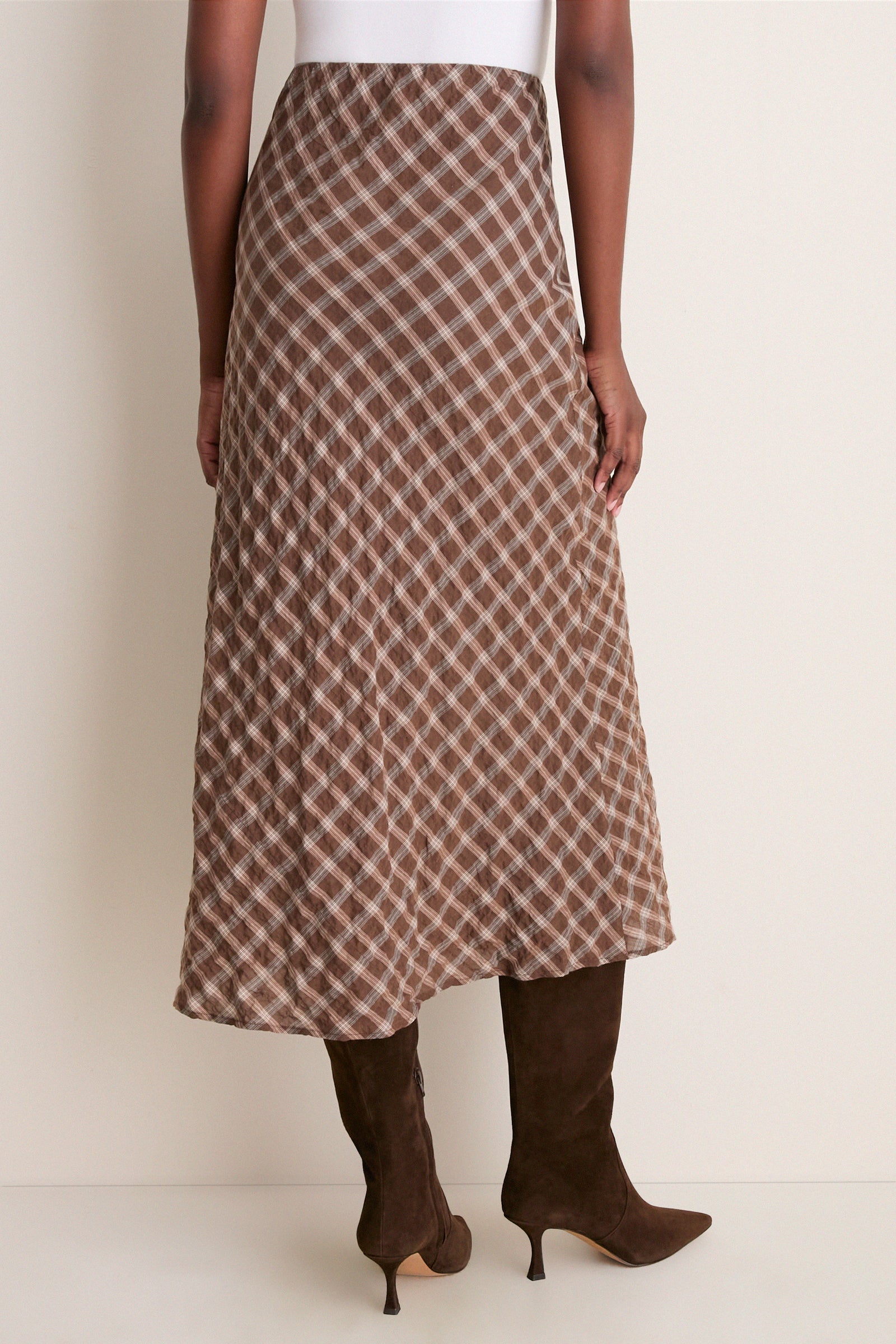 Cocoa Plaid Bias Midi Skirt