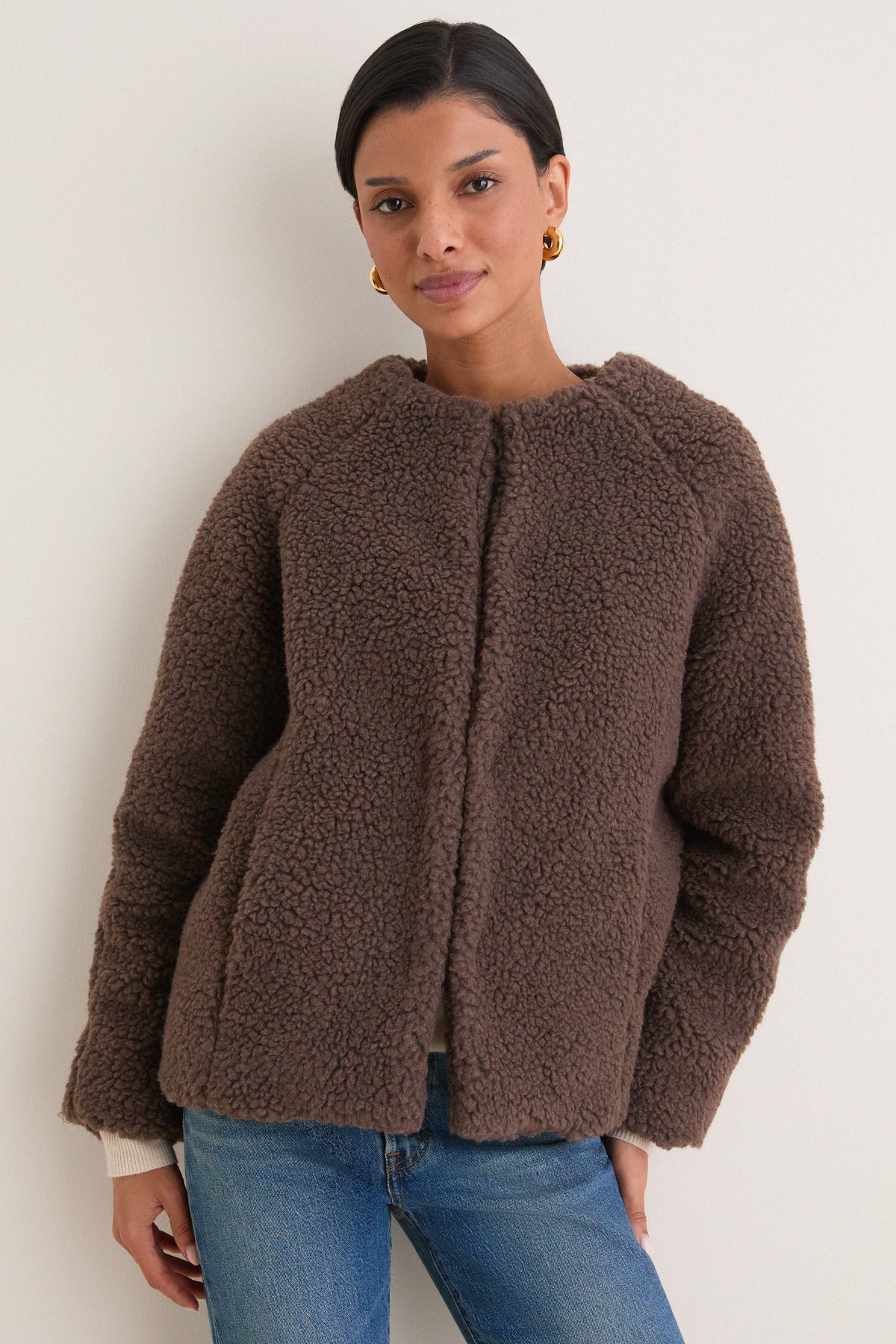 Chocolate Boucle Emile Collarless Short Coat