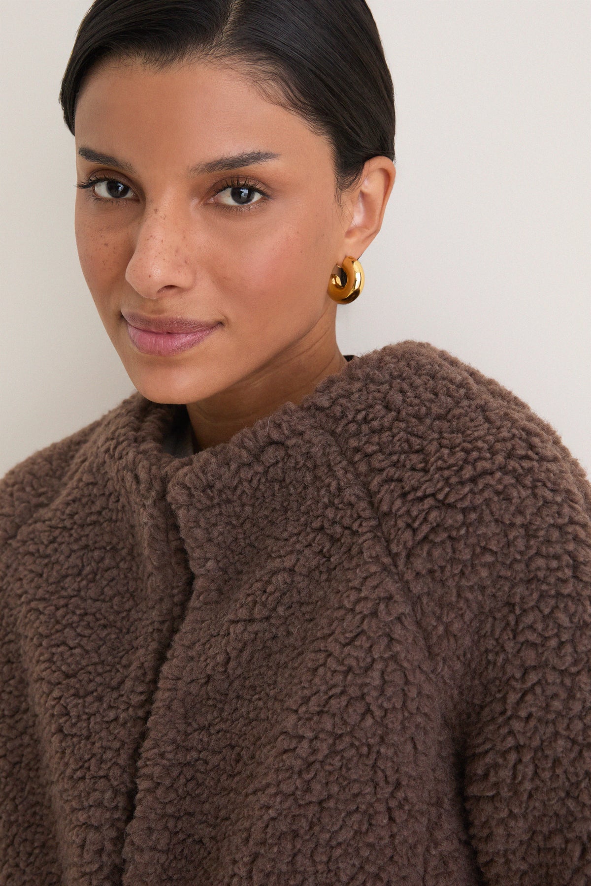 Chocolate Boucle Emile Collarless Short Coat
