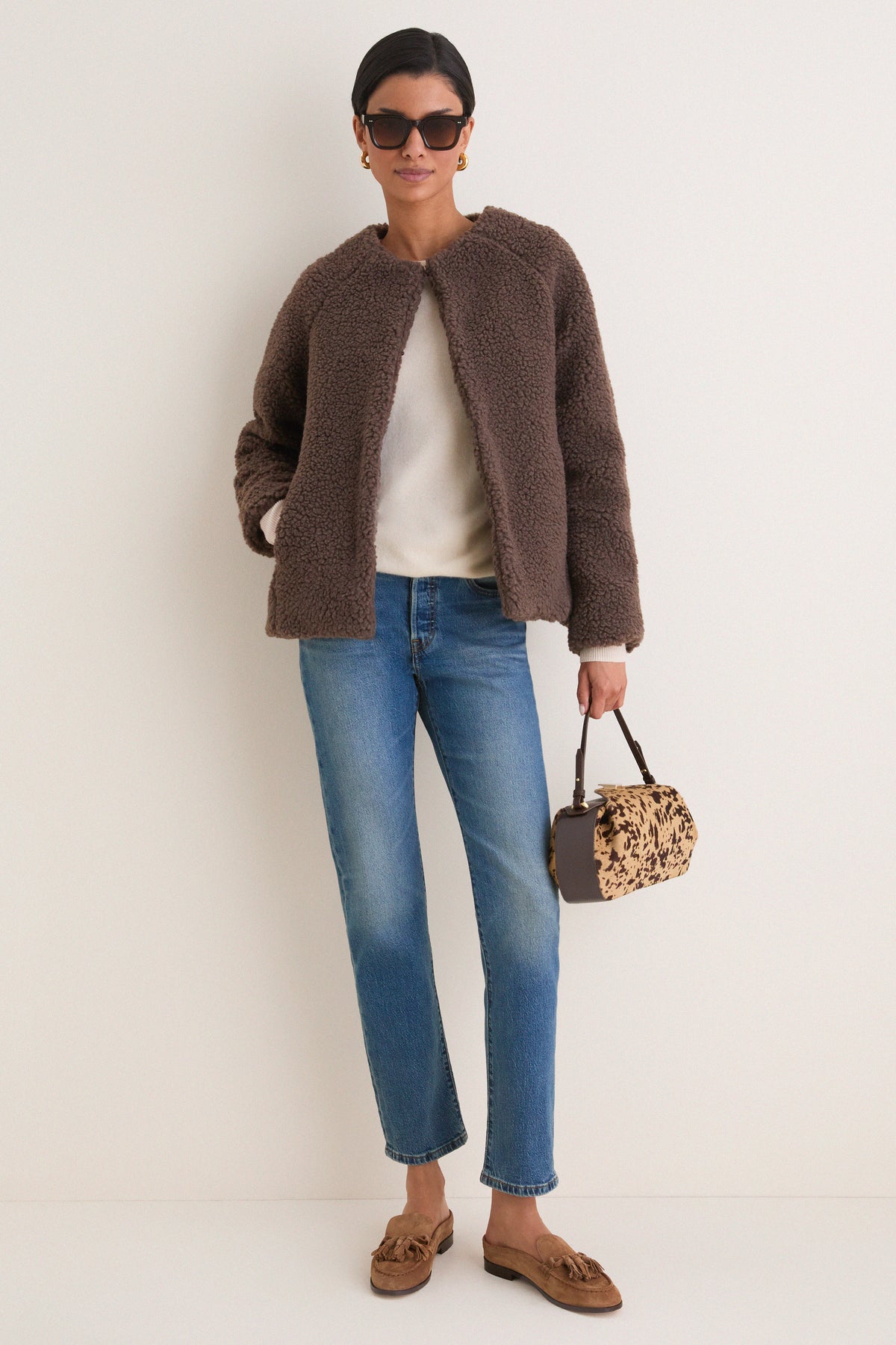 Chocolate Boucle Emile Collarless Short Coat