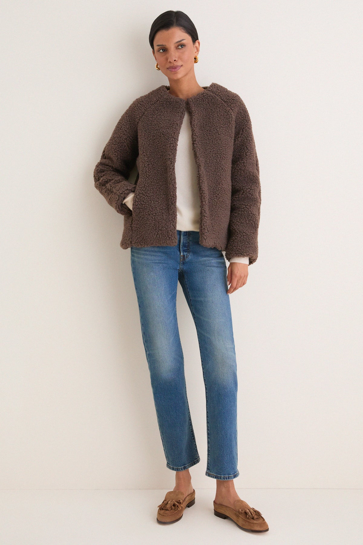 Chocolate Boucle Emile Collarless Short Coat