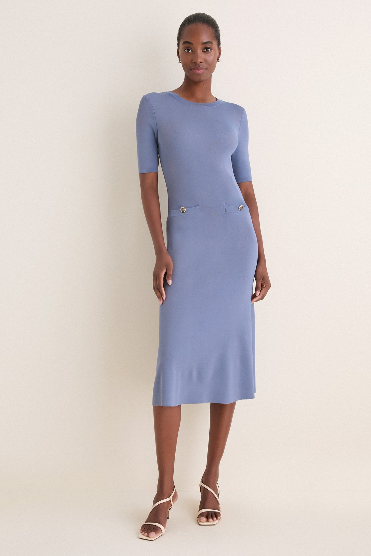 Pearl Blue Knit Fit and Flare Mellor Midi Dress