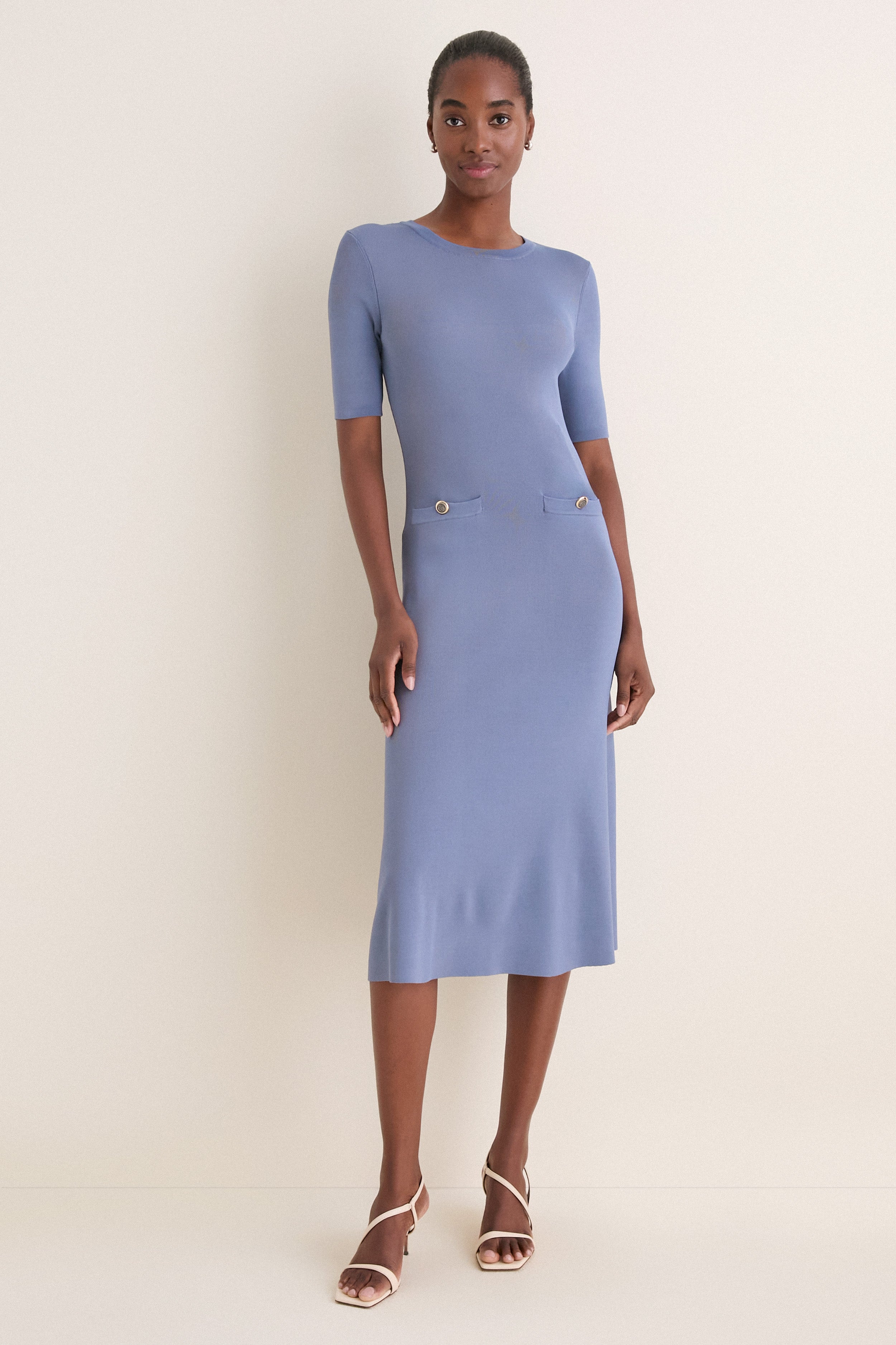 Pearl Blue Knit Fit and Flare Mellor Midi Dress