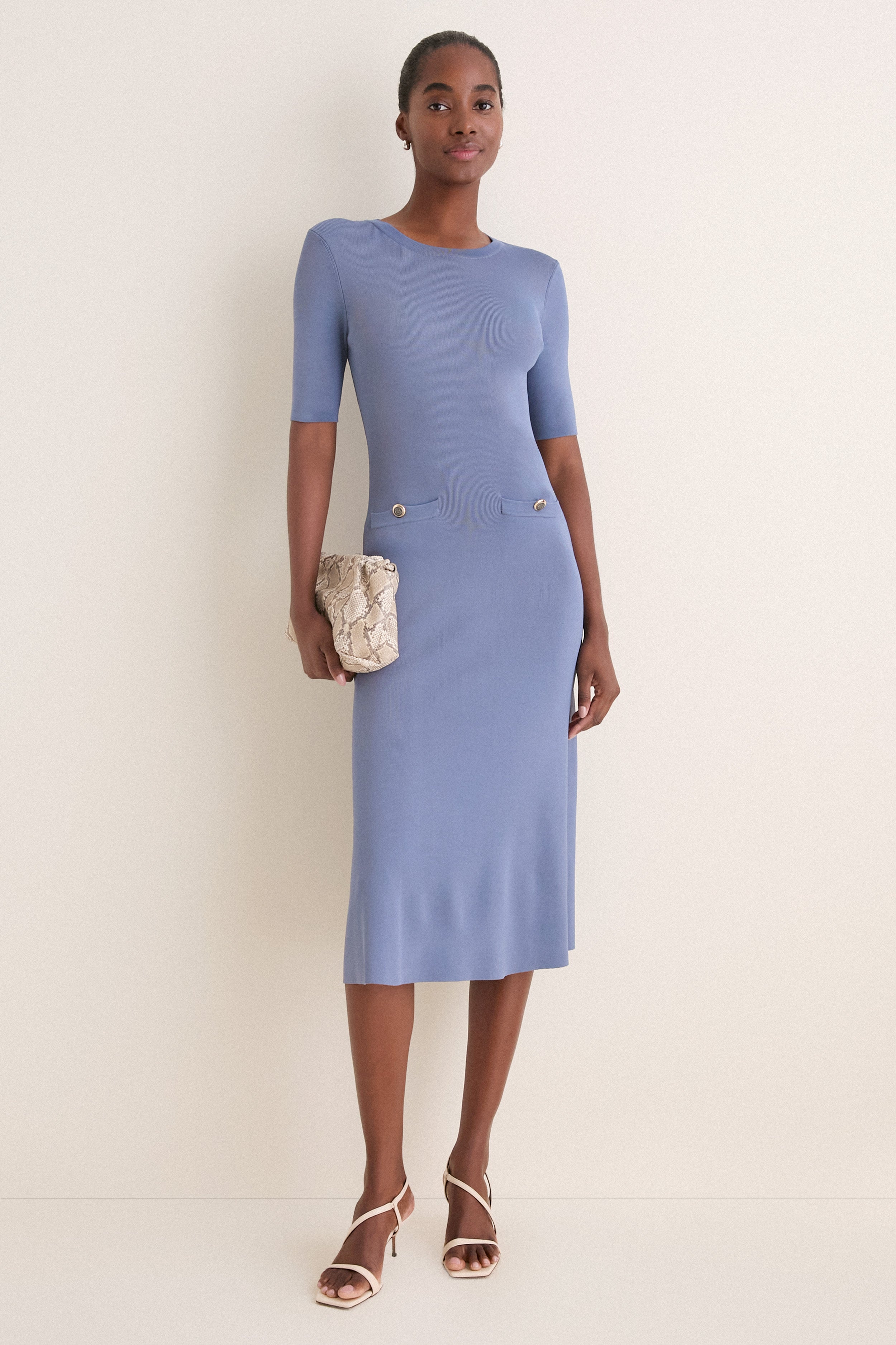 Pearl Blue Knit Fit and Flare Mellor Midi Dress