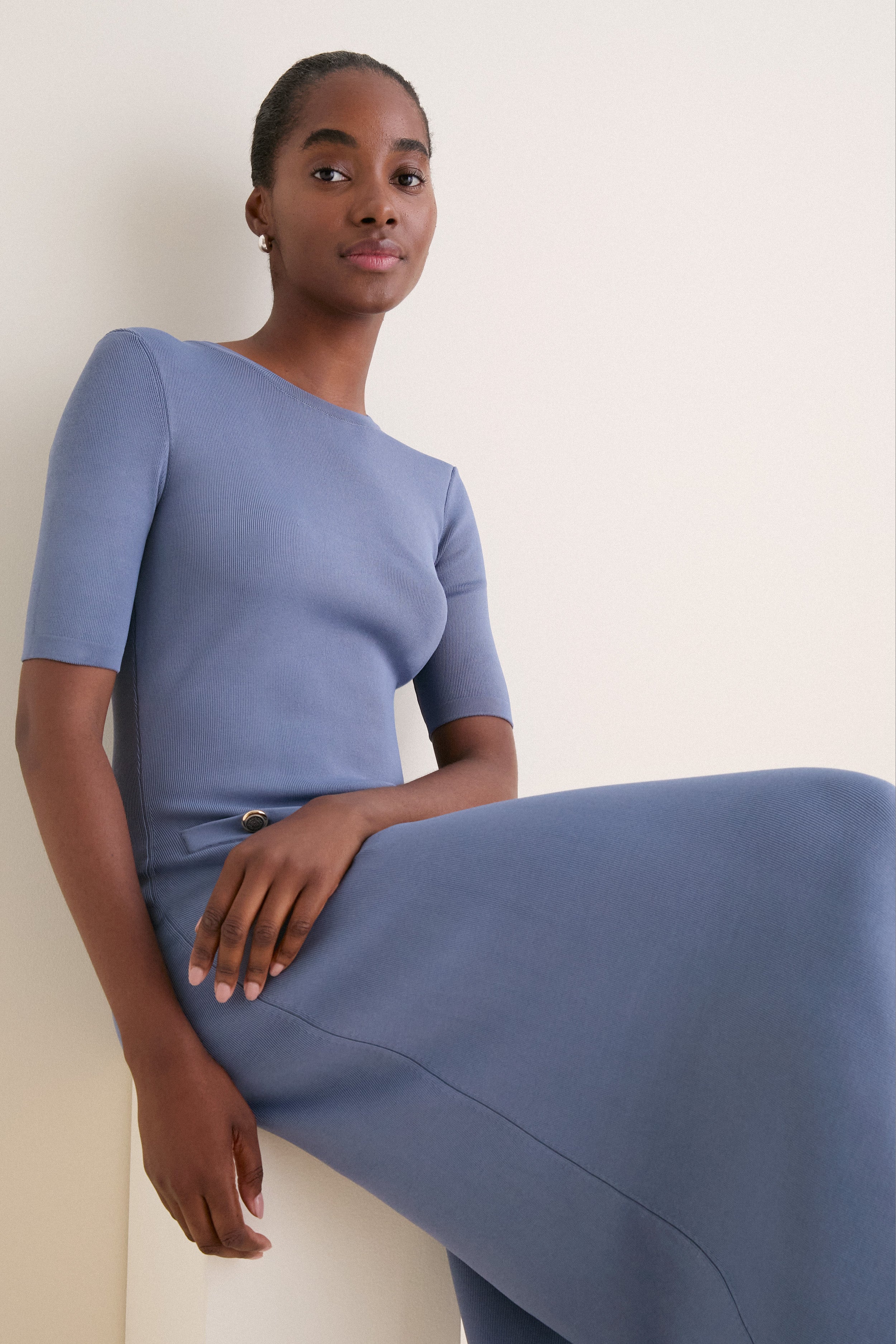 Pearl Blue Knit Fit and Flare Mellor Midi Dress