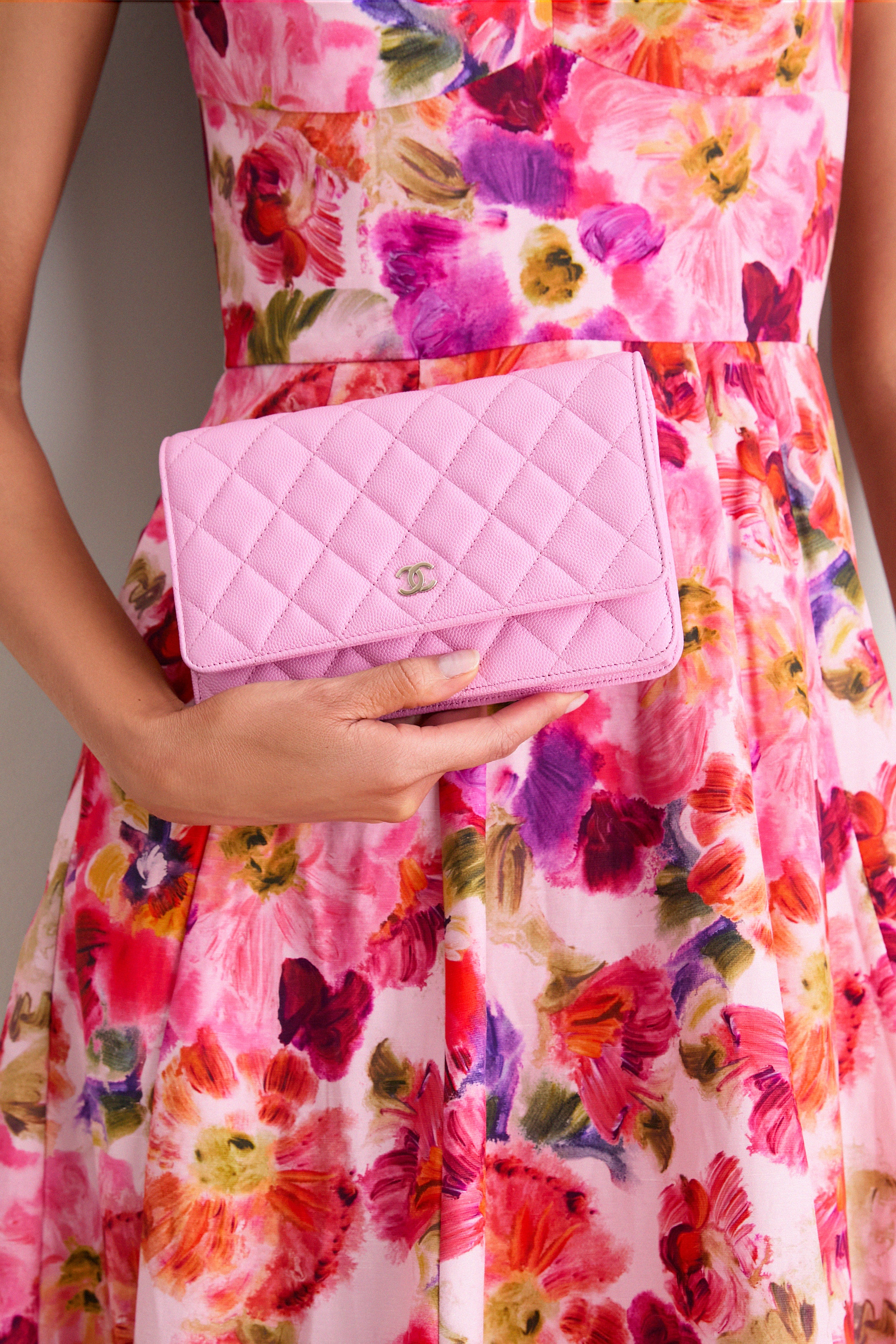 CHANEL Pink Quilted Grained Calfskin Wallet On Chain Shoulder Bag