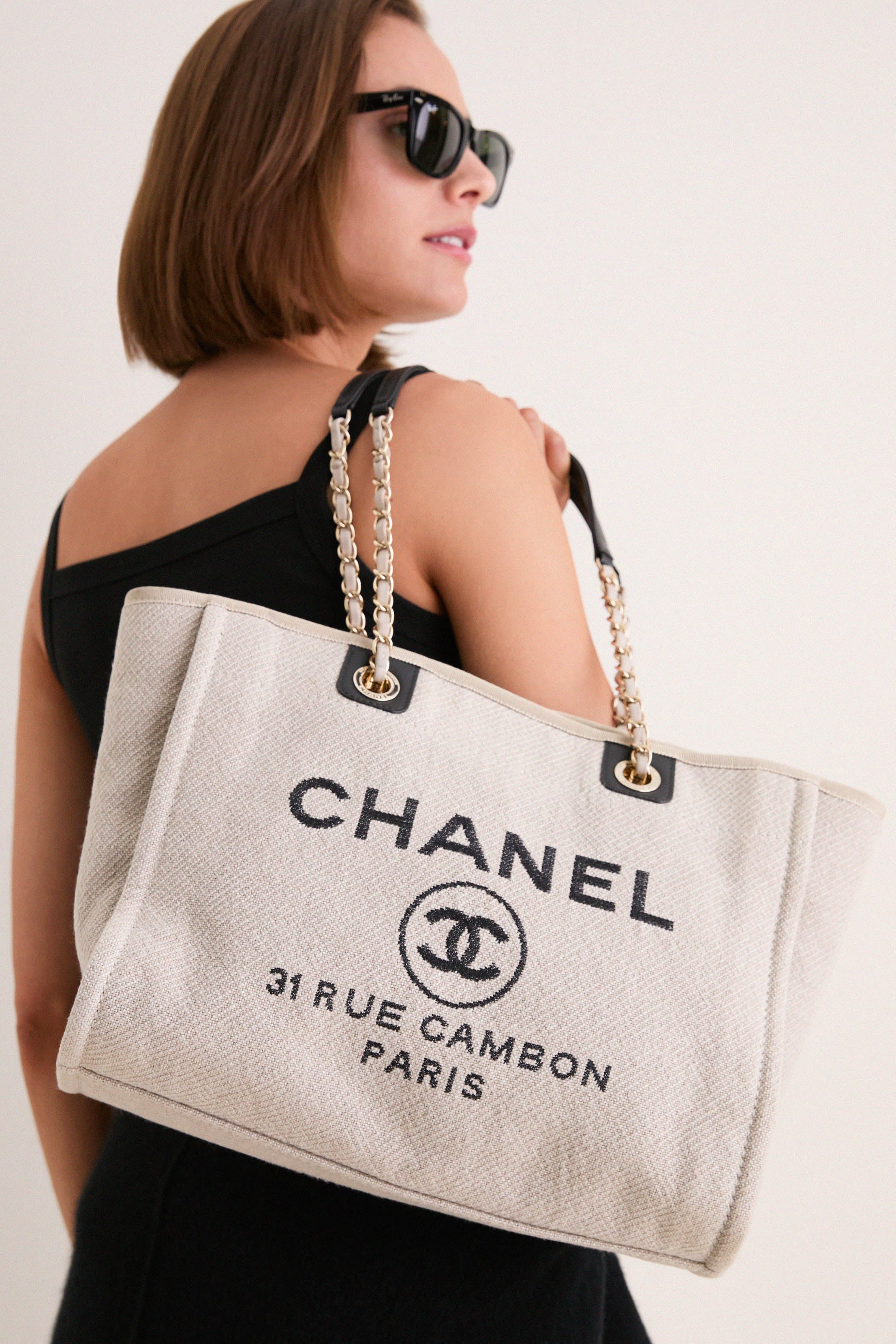 CHANEL Beige Black Canvas Deauville Tote Bag | Tuckernuck Archive