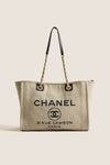 CHANEL Beige Black Canvas Deauville Tote Bag