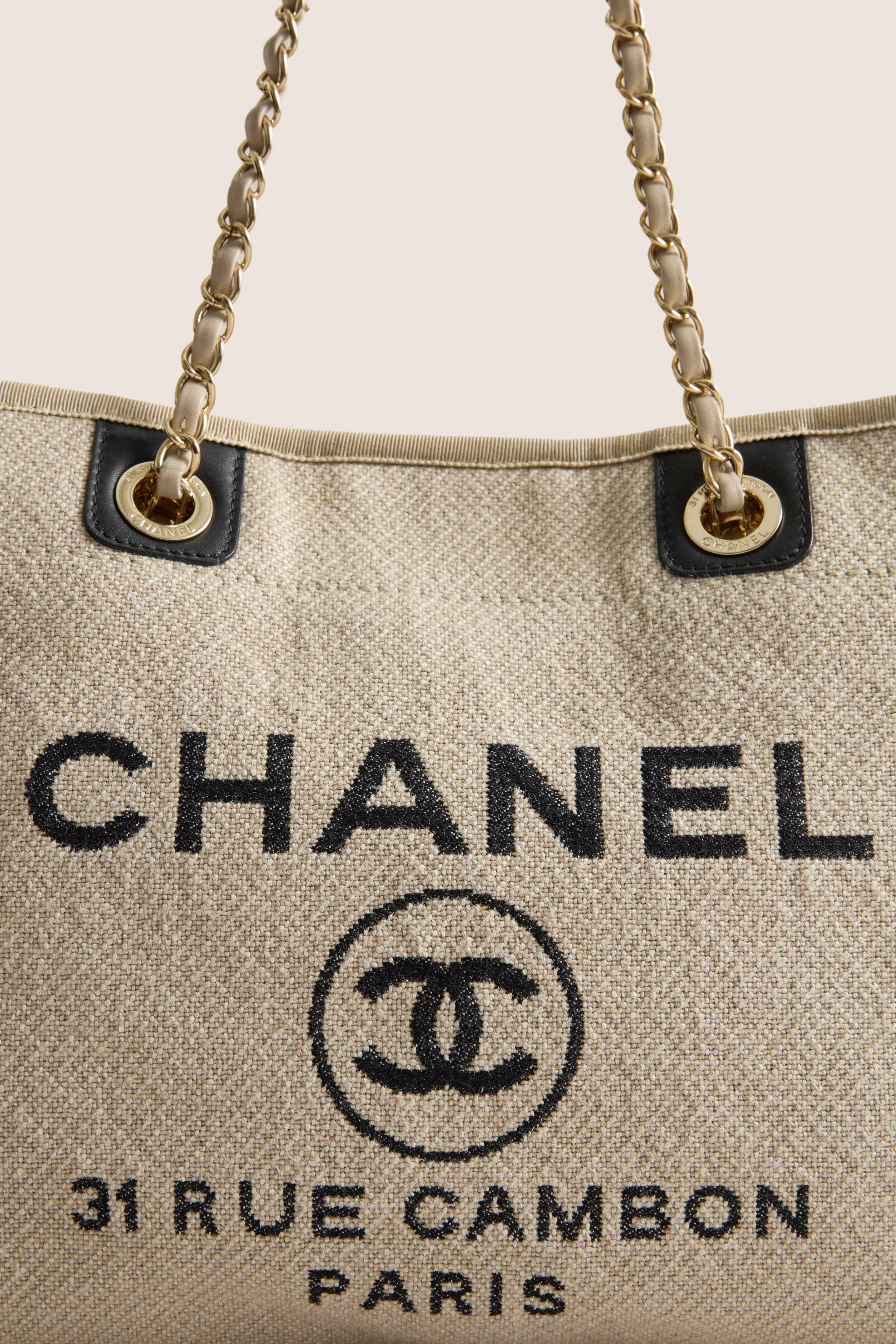 CHANEL Beige Black Canvas Deauville Tote Bag | Tuckernuck Archive