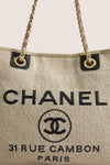 CHANEL Beige Black Canvas Deauville Tote Bag