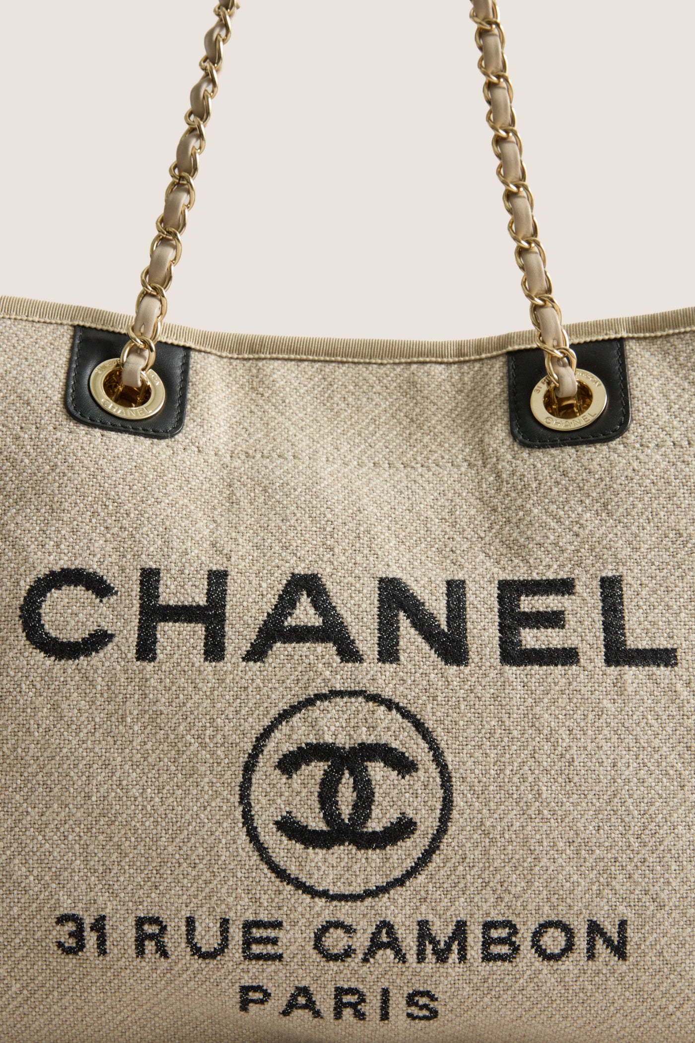 CHANEL Beige Black Canvas Deauville Tote Bag