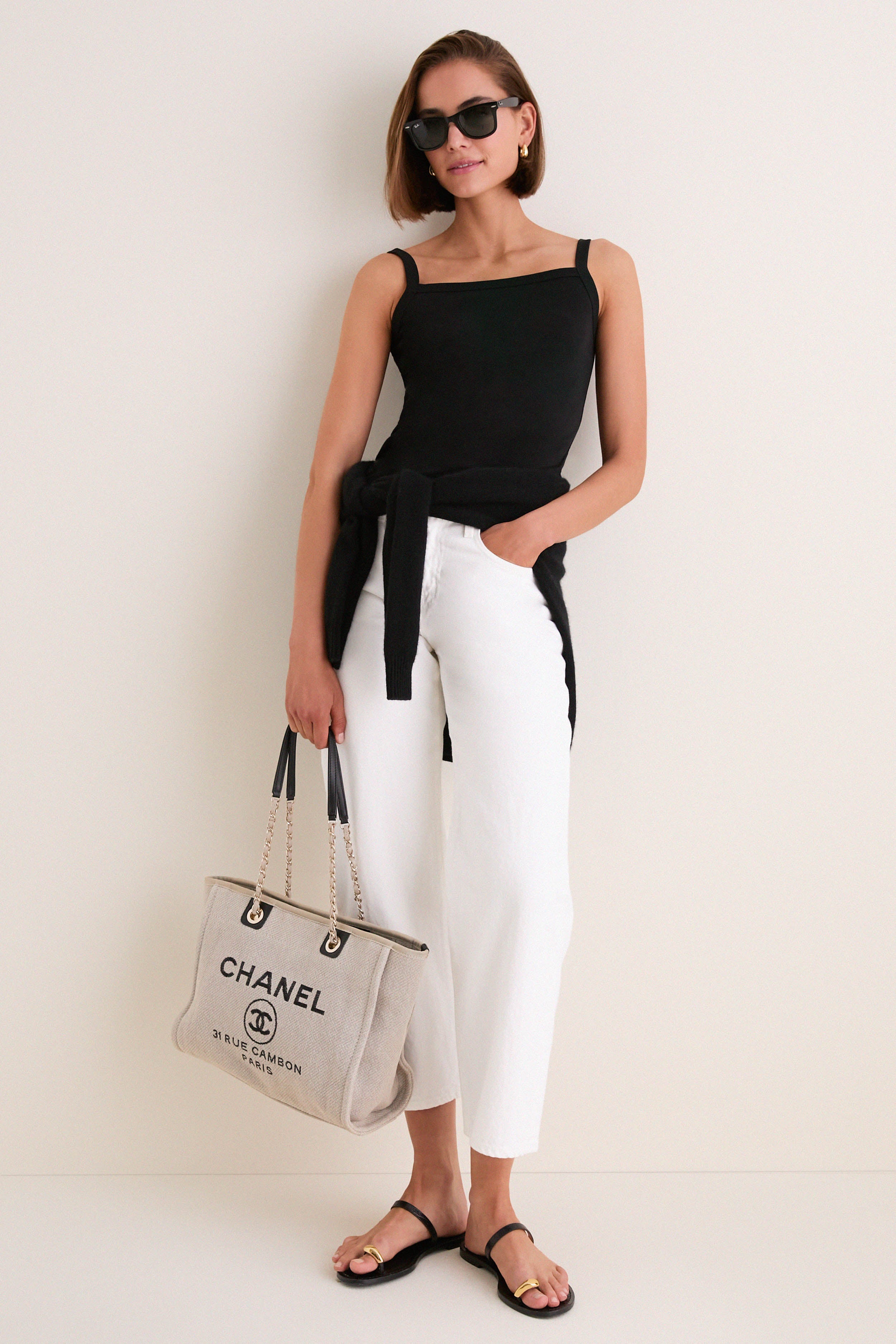CHANEL Beige Black Canvas Deauville Tote Bag | Tuckernuck Archive