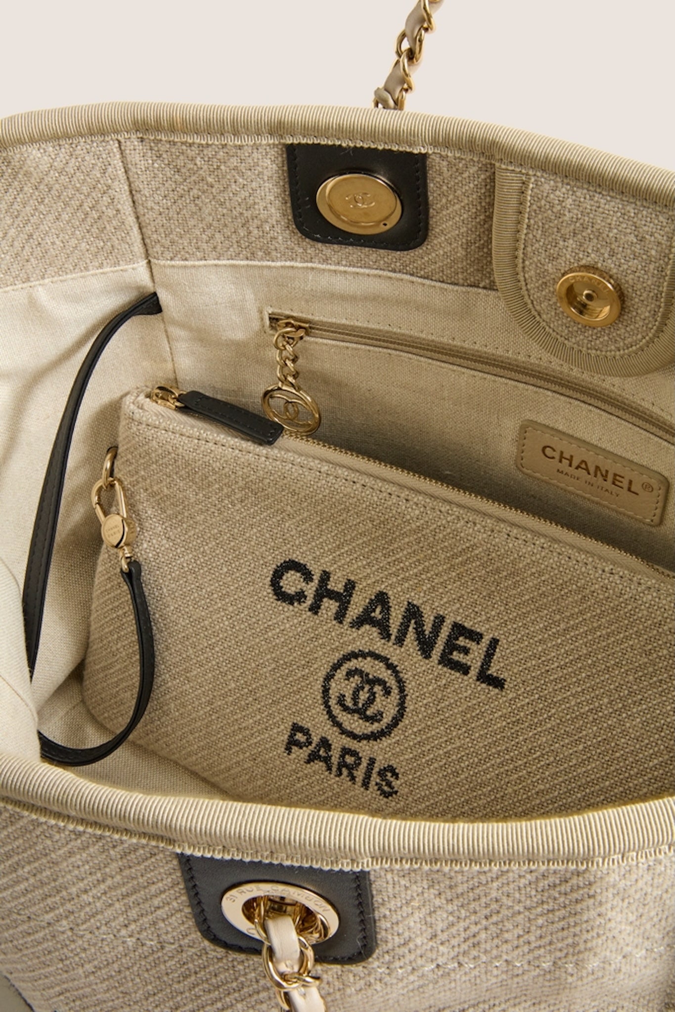 CHANEL Beige Black Canvas Deauville Tote Bag | Tuckernuck Archive